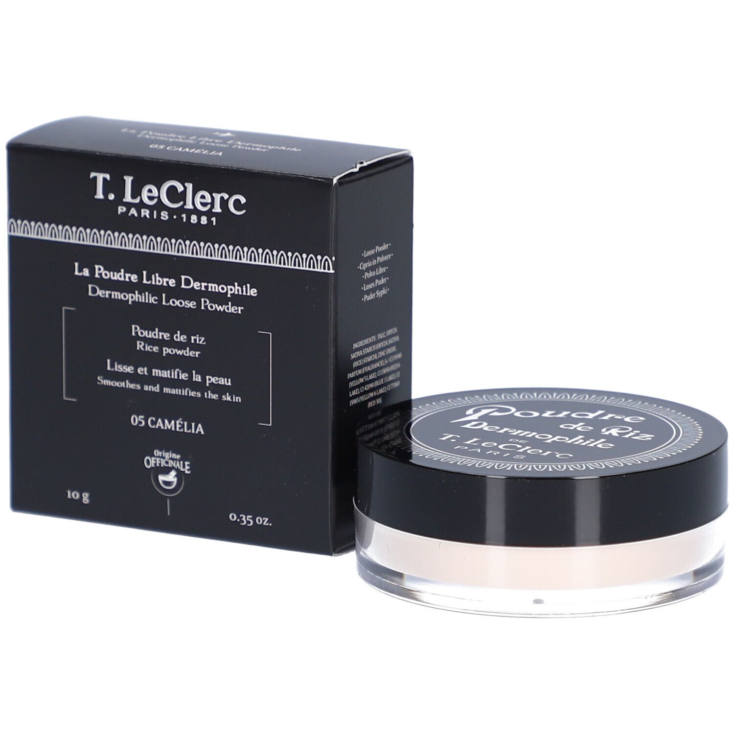 Schwarze Verpackung und Dose mit losem Puder. Aufschrift: T.LeClerc, Poudre de Riz Dermophile, 05 Camélia. 10 g, 0.35 oz.