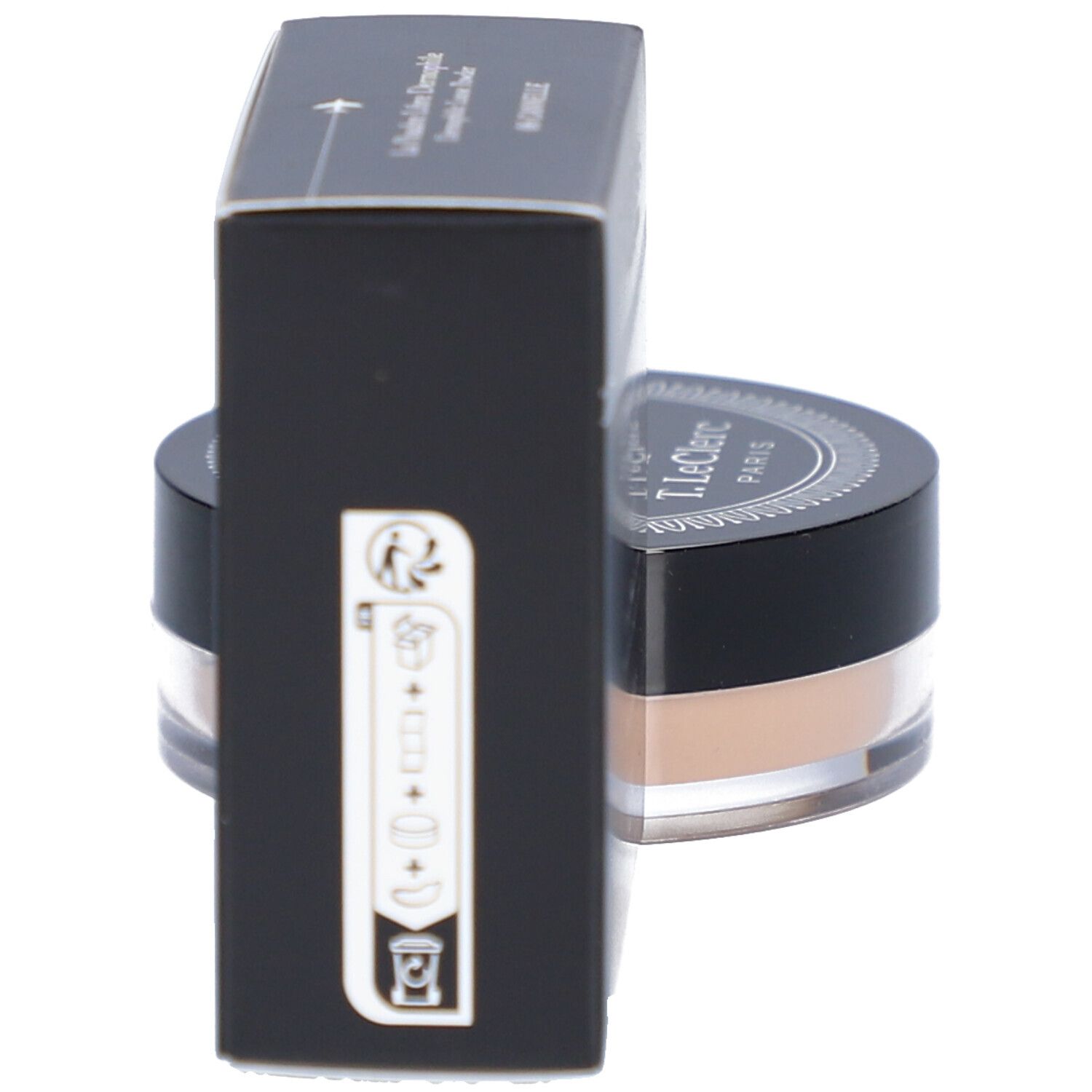 Schwarze Verpackung und Dose mit losem Puder. Auf der Verpackung Text und Logo. Dose mit transparentem Boden.