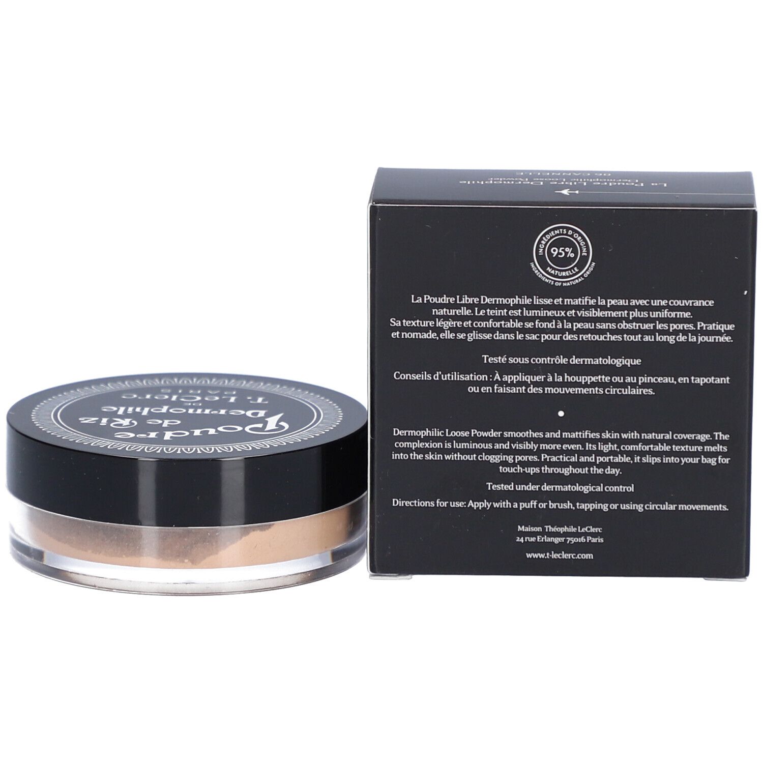 Offene Verpackung und Dose mit losem Puder. Text auf der Verpackung. Dose mit schwarzem Deckel und transparentem Boden.