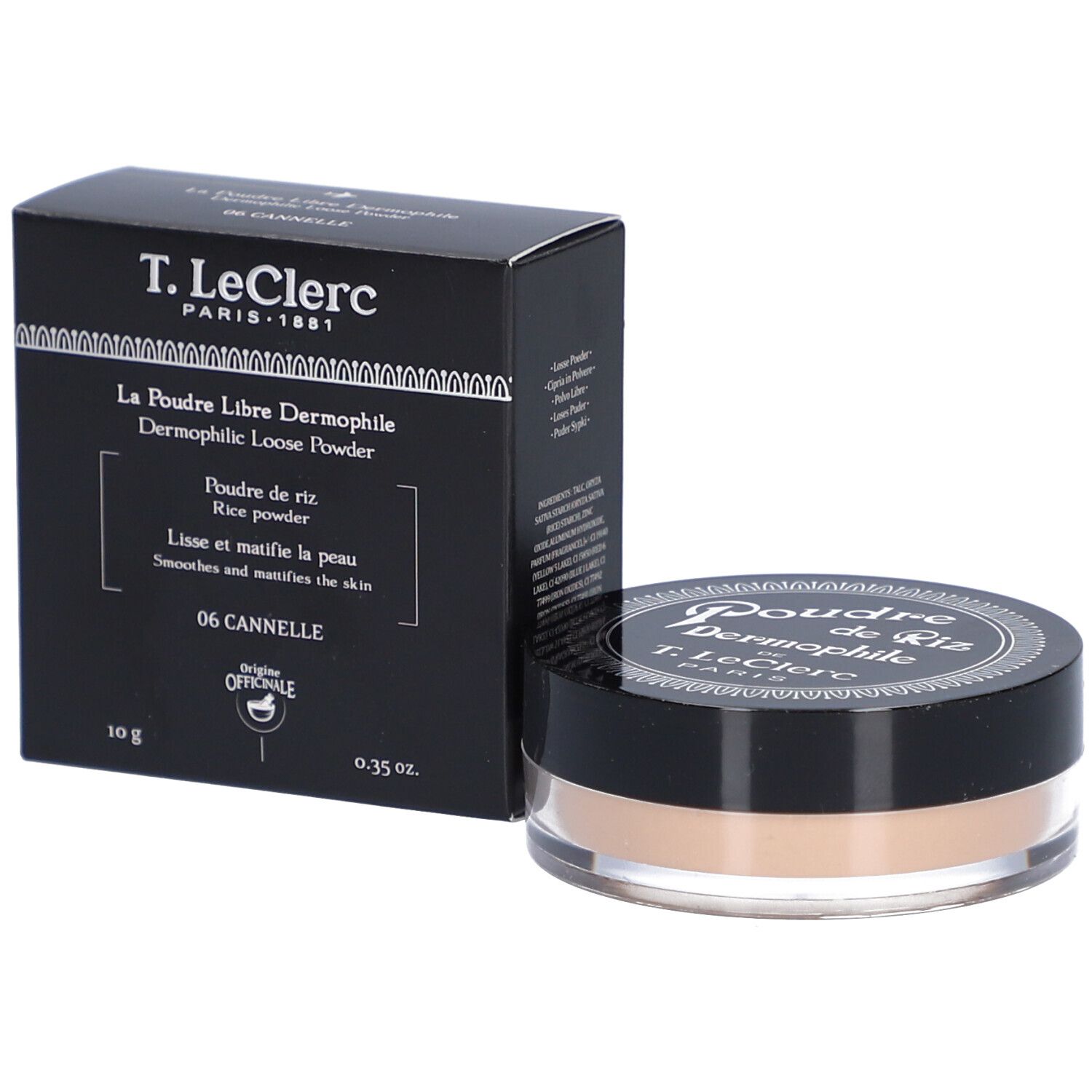 Schwarze Verpackung und Dose mit losem Puder. Text und Logo auf der Verpackung. Dose mit transparentem Boden.