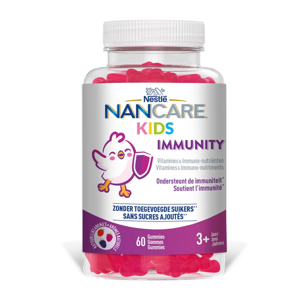 Nestlé Nancare Kids Immunity. Flacon de gommes rouges. Inscription : 60 gommes, 3+ ans. Sans sucres ajoutés.