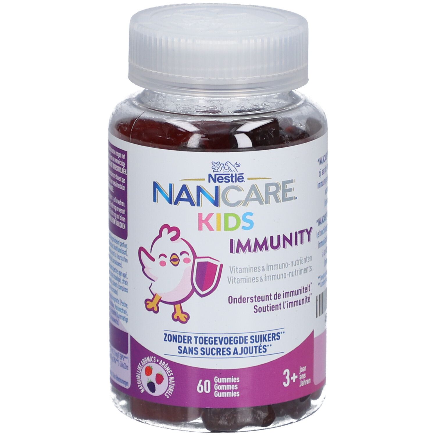 Nestlé Nancare Kids Immunity. Flasche mit Gummibärchen. Aufdruck: 60 Gummies, 3+ Jahre. Ohne Zuckerzusatz.