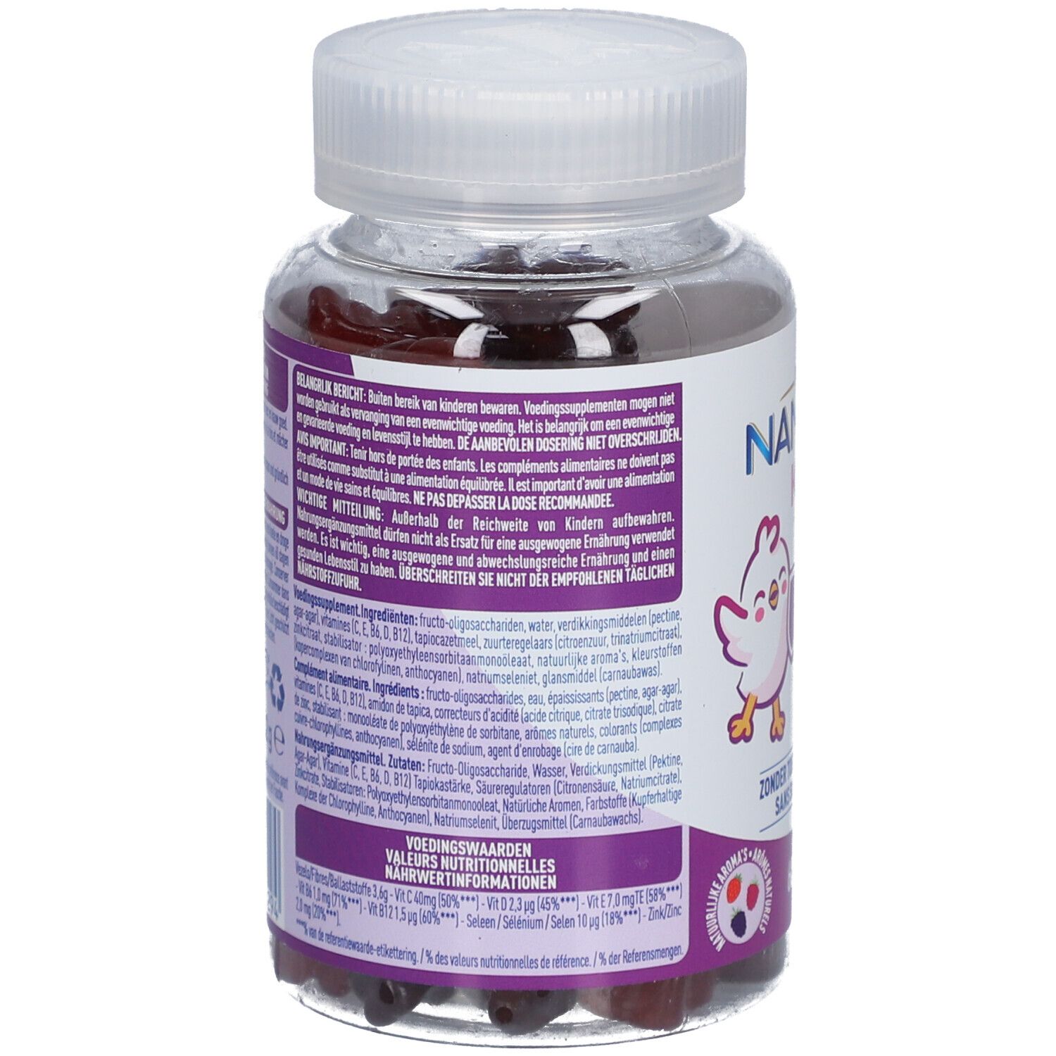 Rückseite der Nestlé Nancare Kids Immunity Flasche. Zutatenliste, Nährwertangaben und Warnhinweise.