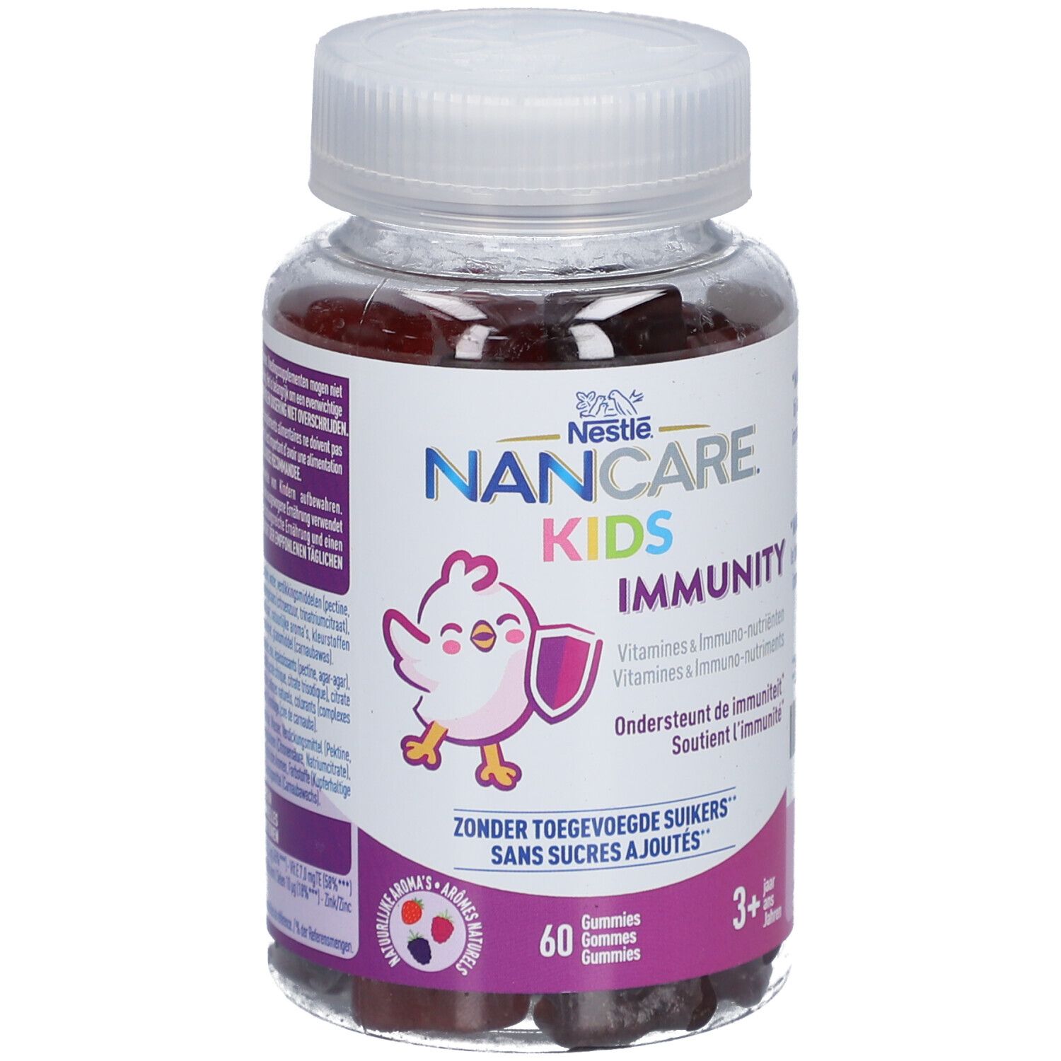 Nestlé Nancare Kids Immunity. Flasche mit Gummibärchen. Aufdruck: 60 Gummies, 3+ Jahre. Ohne Zuckerzusatz.