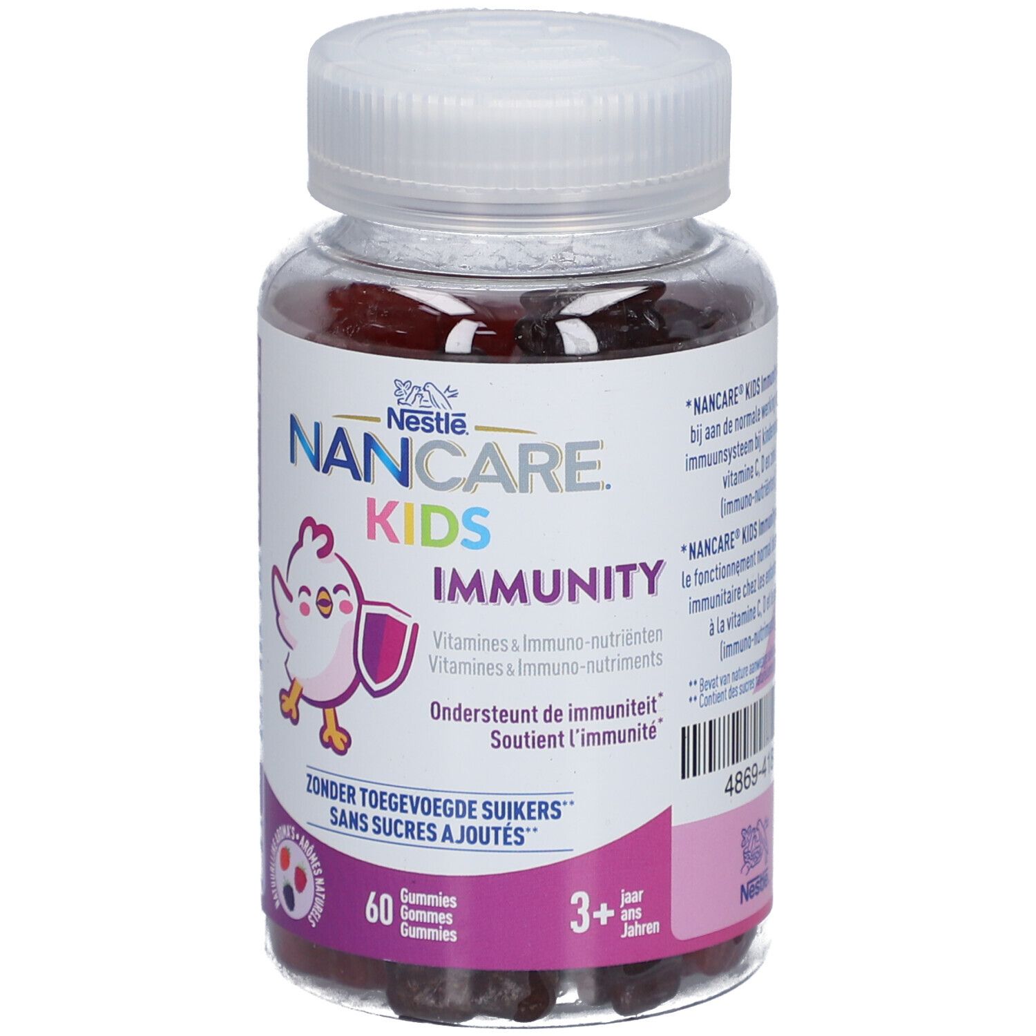 Nestlé Nancare Kids Immunity. Flasche mit Gummibärchen. Aufdruck: 60 Gummies, 3+ Jahre. Ohne Zuckerzusatz.