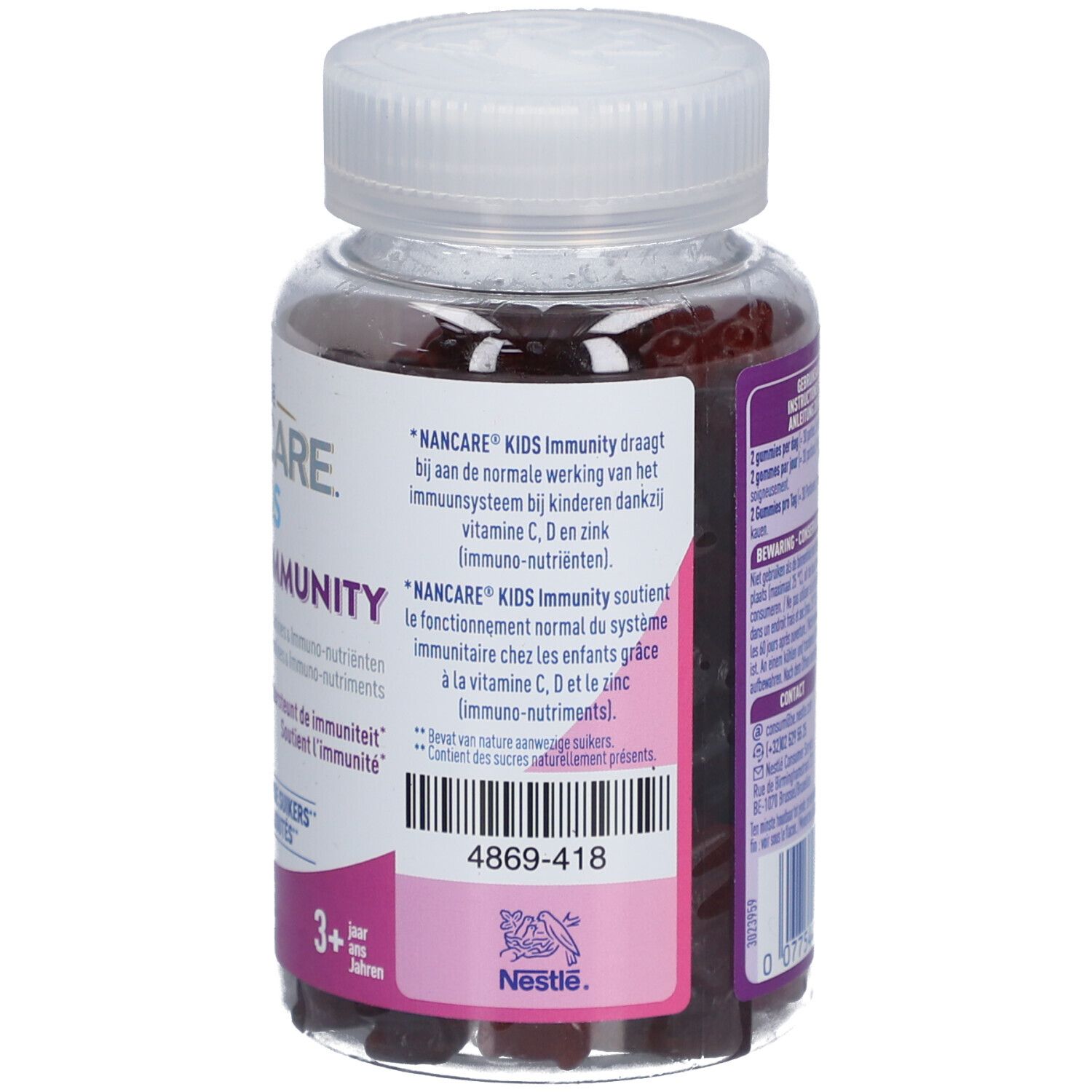 Rückseite der Nestlé Nancare Kids Immunity Flasche. Text über Immunsystem, Vitamin C, D, Zink. Nestlé Logo.