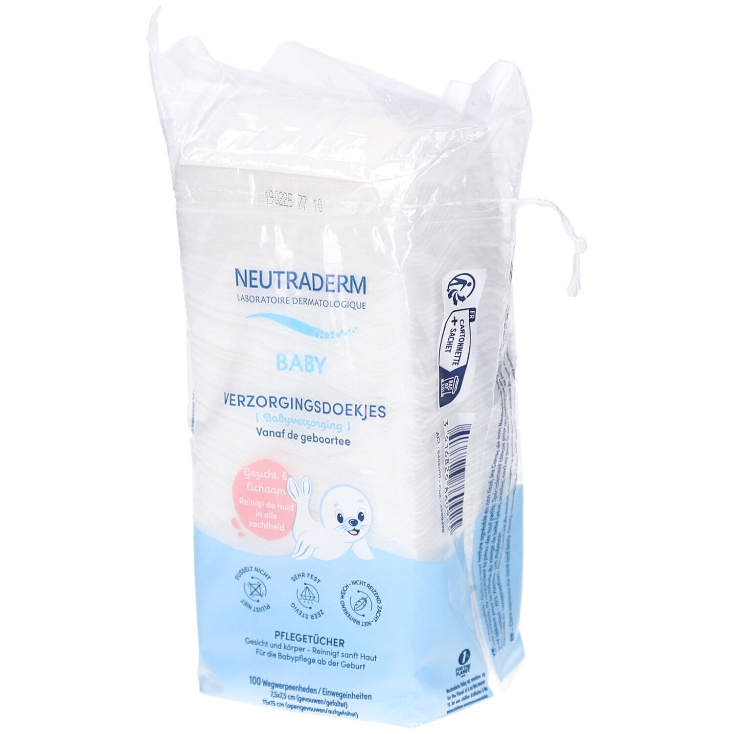 Neutraderm Baby Pflegequadrate in Folienverpackung. Weiße quadratische Tücher. Aufdruck mit Logo, Produktname, Baby-Illustration.