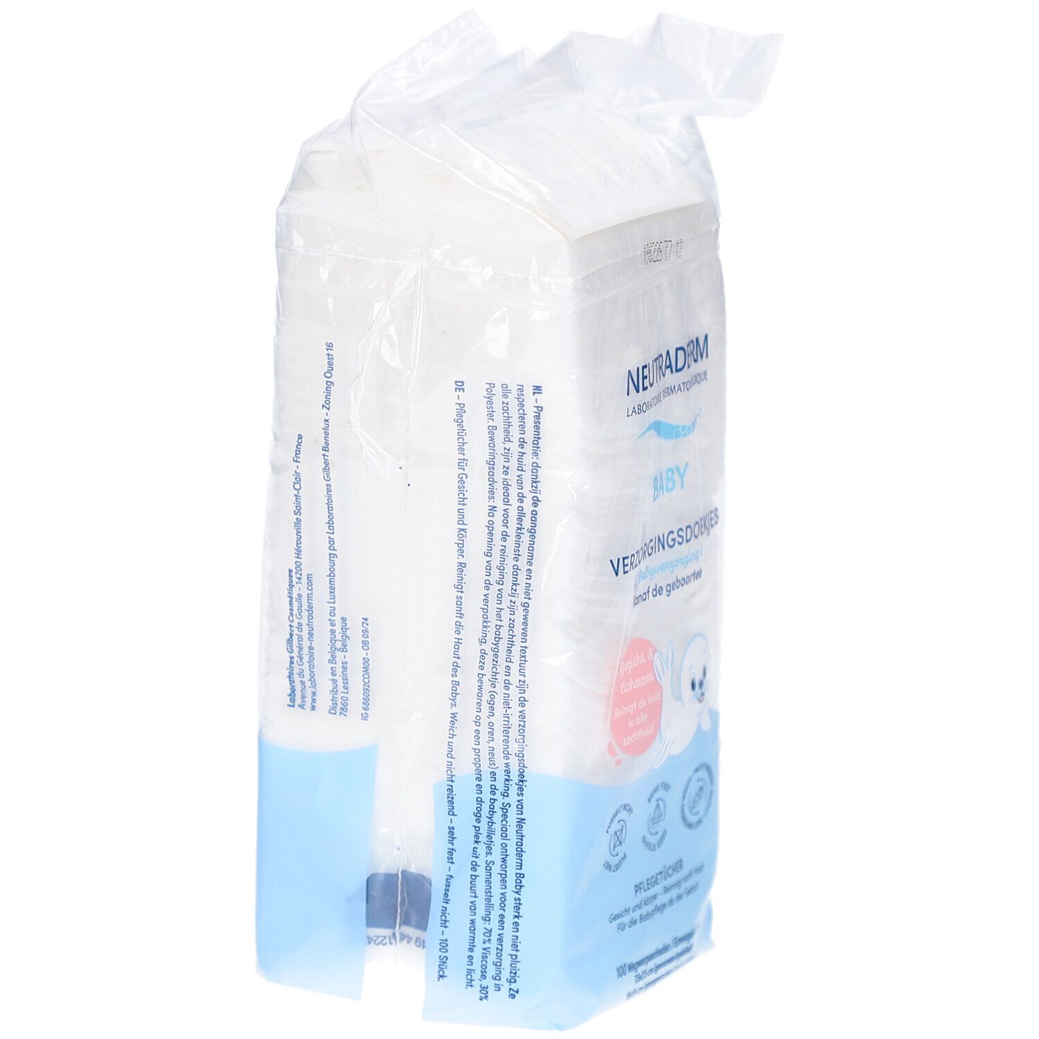 Neutraderm Baby Pflegequadrate, Verpackung. Rückseite mit Text und Logo. Weiße quadratische Tücher sichtbar.