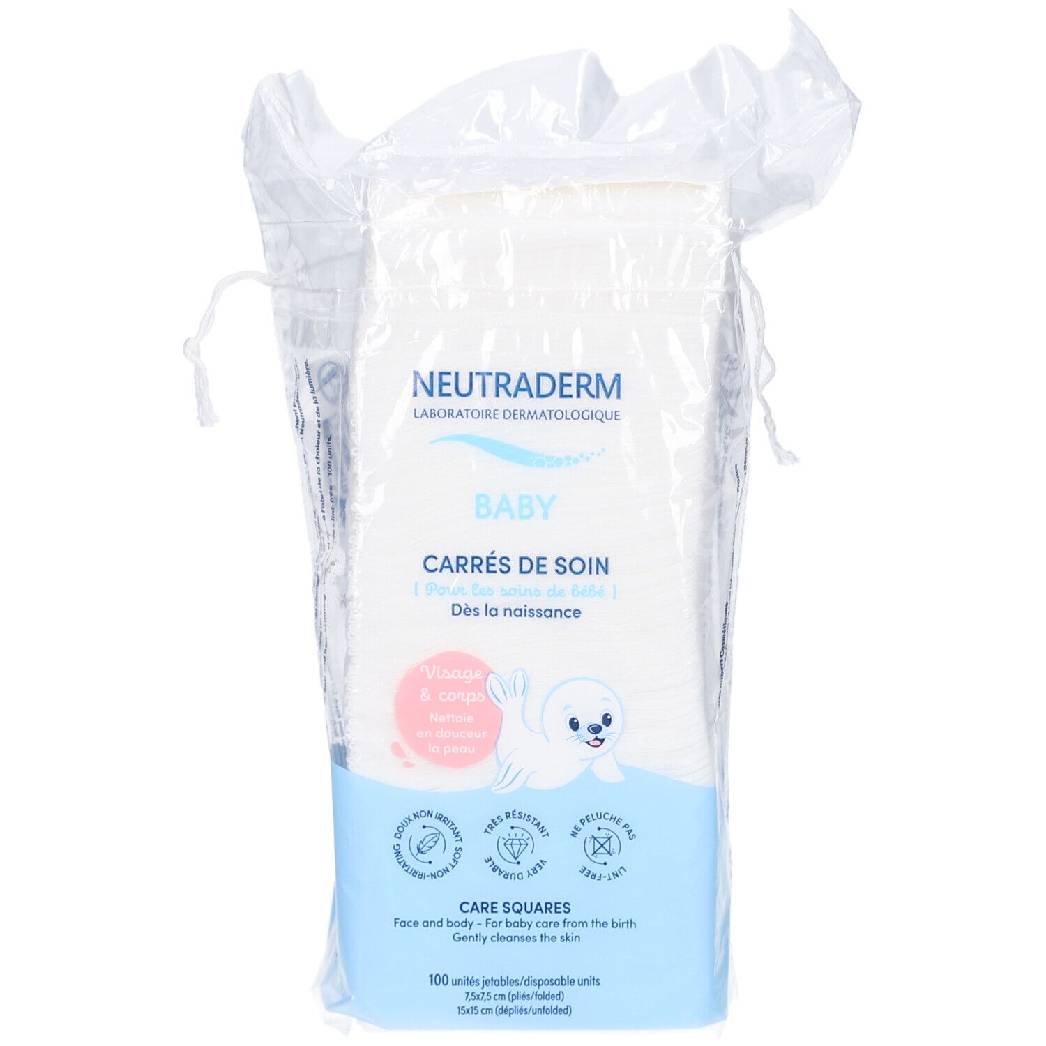 Neutraderm Baby Pflegequadrate in Folienverpackung. Weiße quadratische Tücher. Aufdruck mit Logo, Produktname, Baby-Illustration.