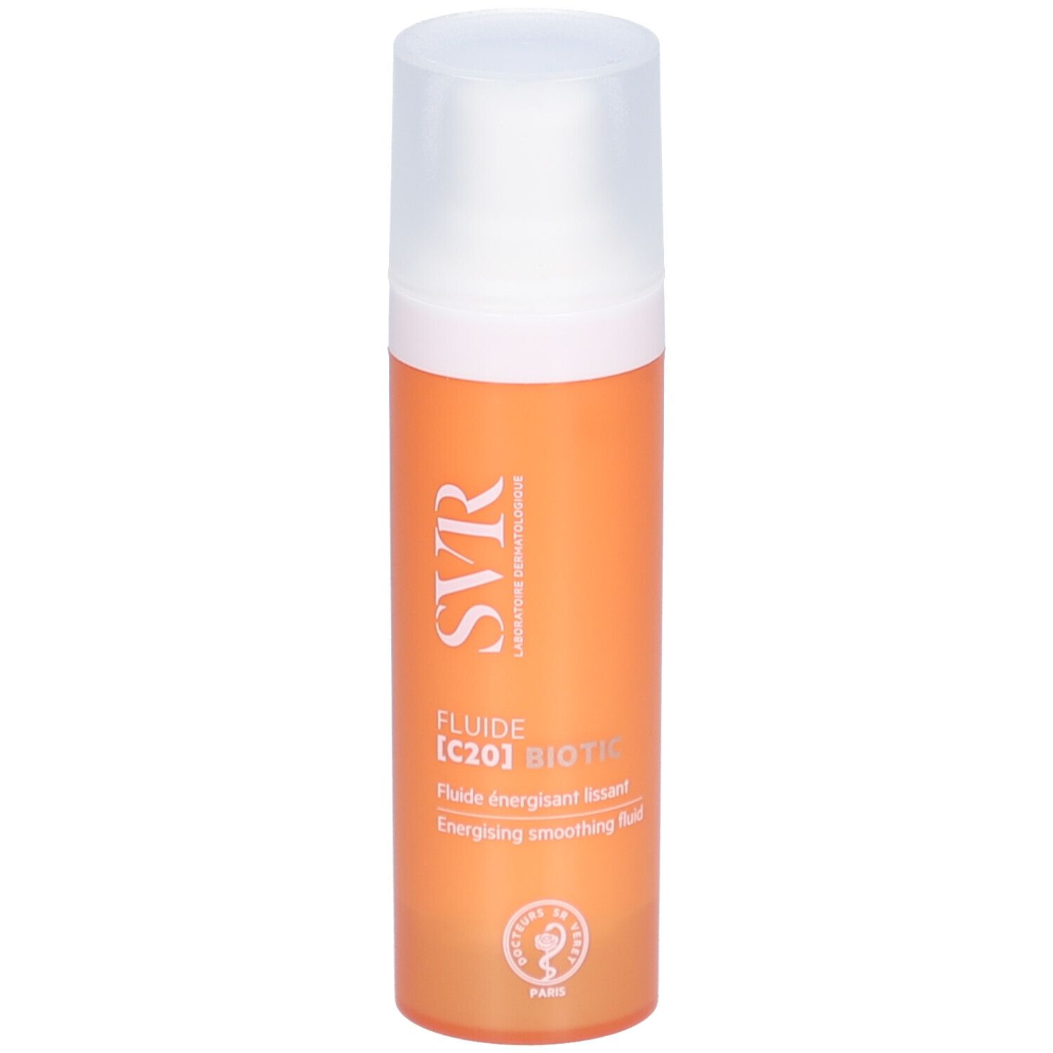 Orangefarbene Flasche mit weißem Deckel. Aufschrift: SVR, Fluide [C20] BIOTIC. Französische und englische Texte.