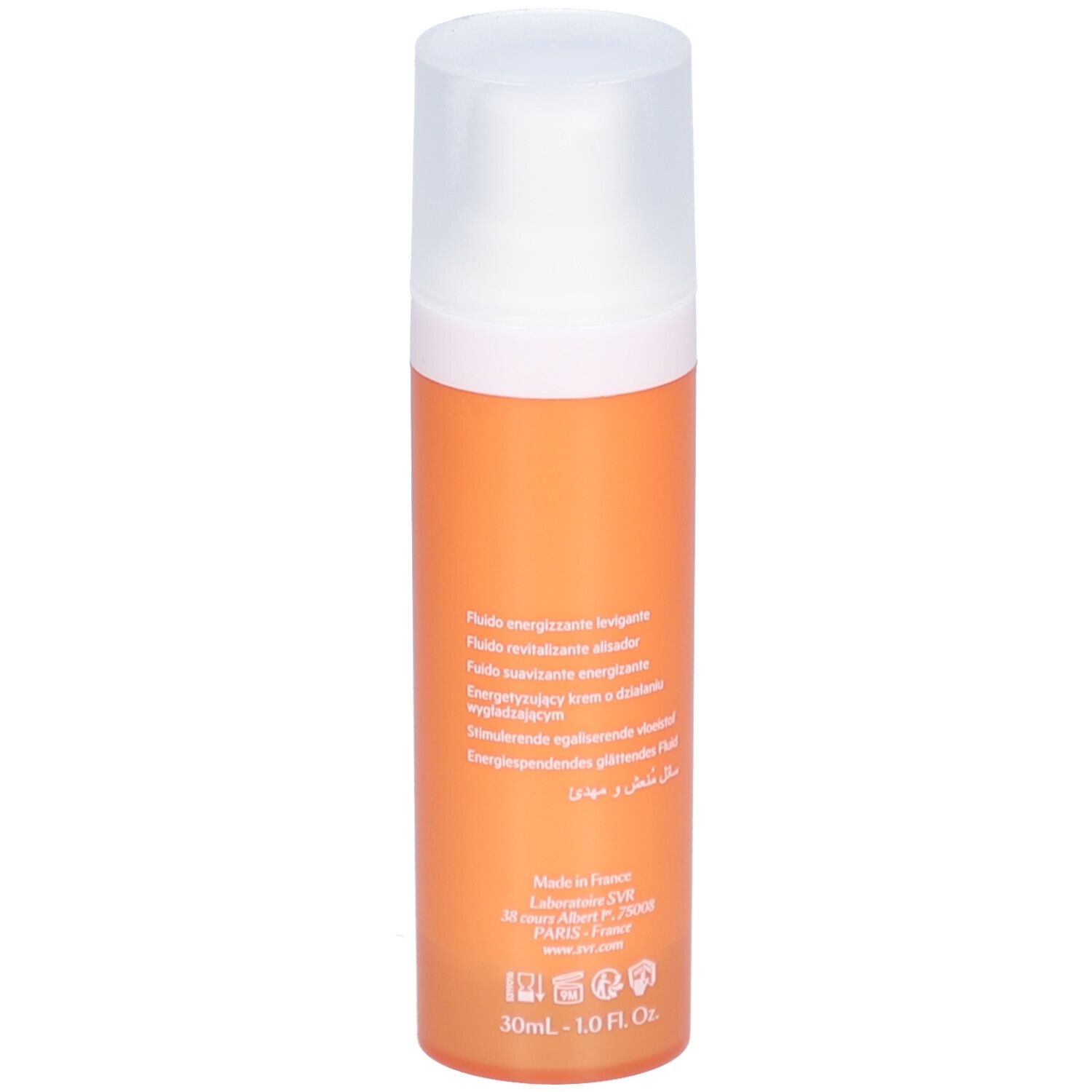 Rückseite der orangefarbenen Flasche. Texte in mehreren Sprachen, darunter Französisch und Englisch. 30ml.