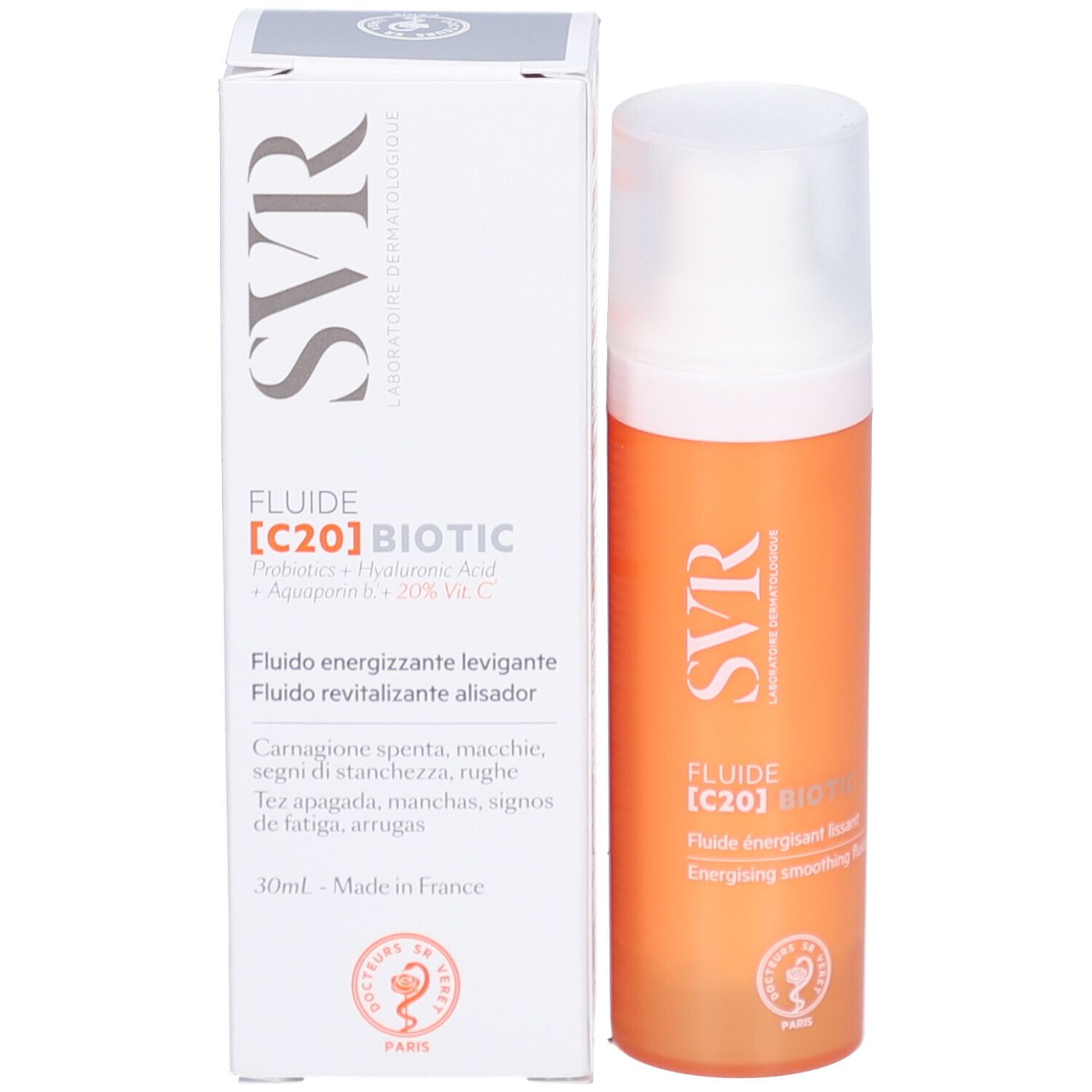 Produkt und Verpackung. Orangefarbene Flasche neben weißem Karton. Aufschrift: SVR, Fluide [C20] BIOTIC.
