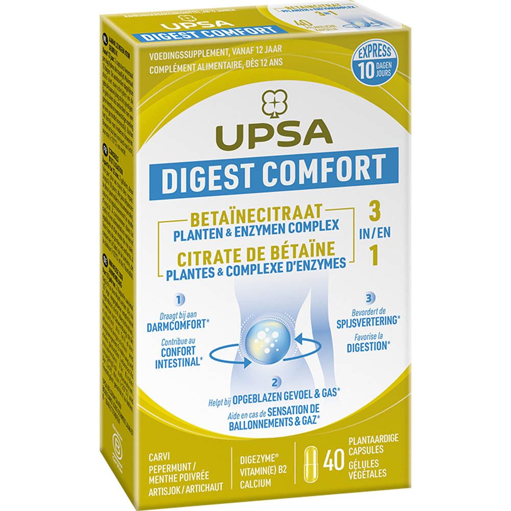 Boîte UPSA Digest Comfort. Boîte jaune avec nom, ingrédients et 40 gélules.