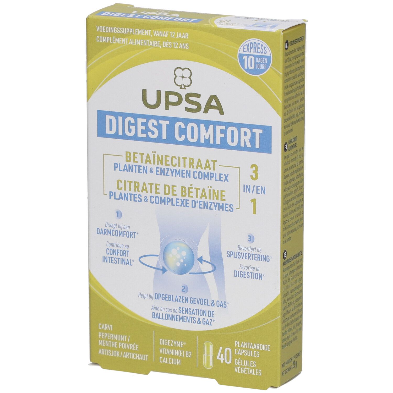 Verpackung von UPSA Digest Comfort. Enthält 40 Kapseln. Gelbe Schachtel mit Produktinformationen und Logo.
