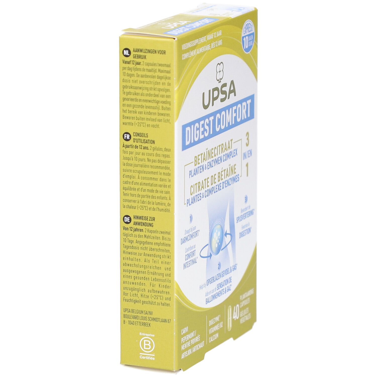 UPSA Digest Comfort-Verpackung, Seitenansicht. Gelbe Schachtel mit Produktnamen und Informationen.