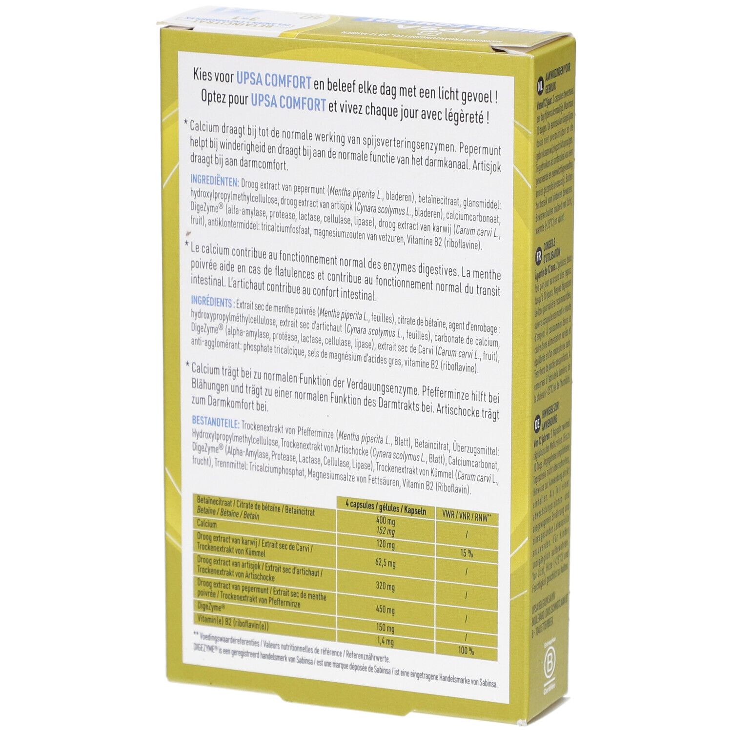 Rückseite der UPSA Digest Comfort-Verpackung. Enthält Inhaltsstoffinformationen und Nährwerttabelle.
