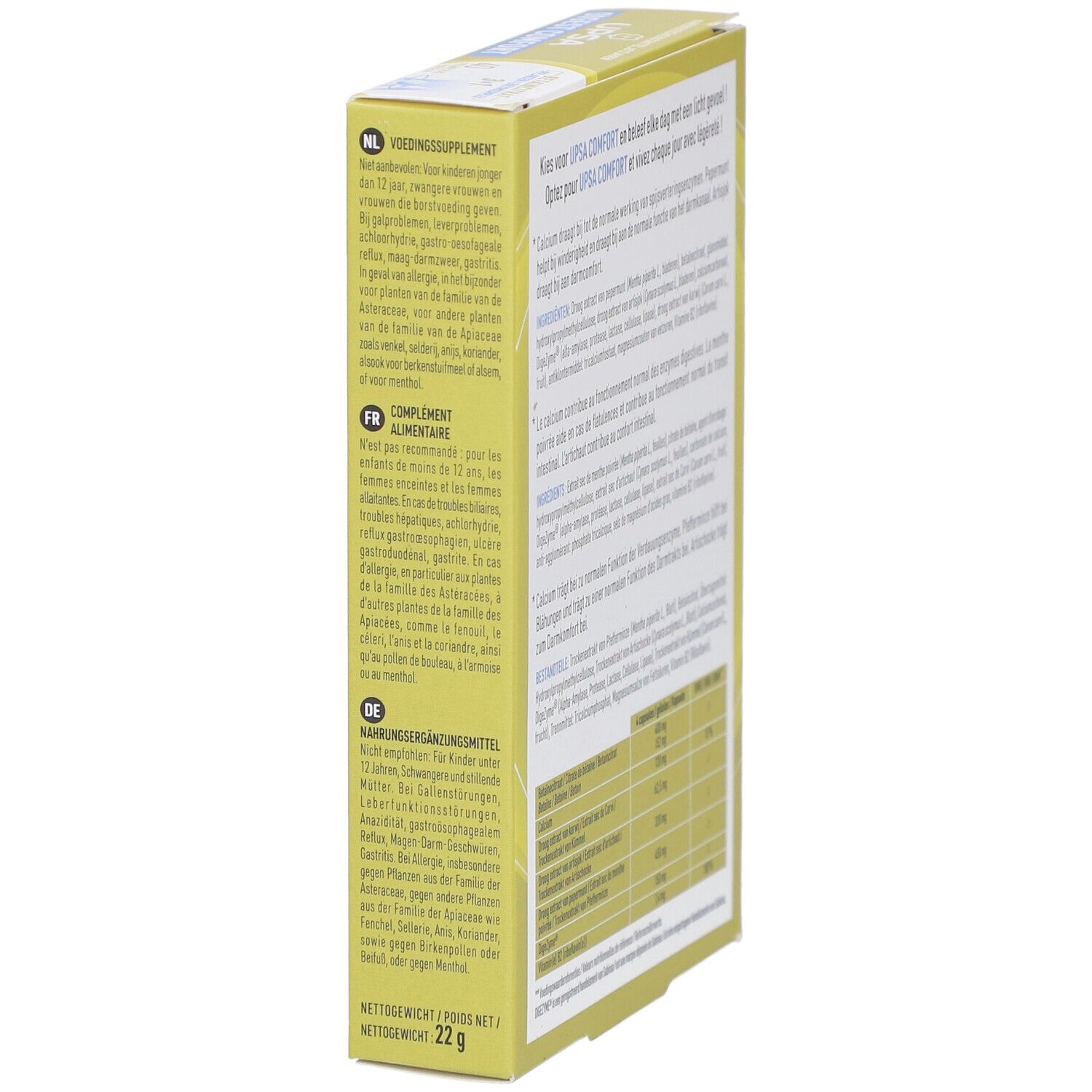 Seitenansicht der UPSA Digest Comfort-Verpackung. Enthält Text über die Anwendung und Inhaltsstoffe.