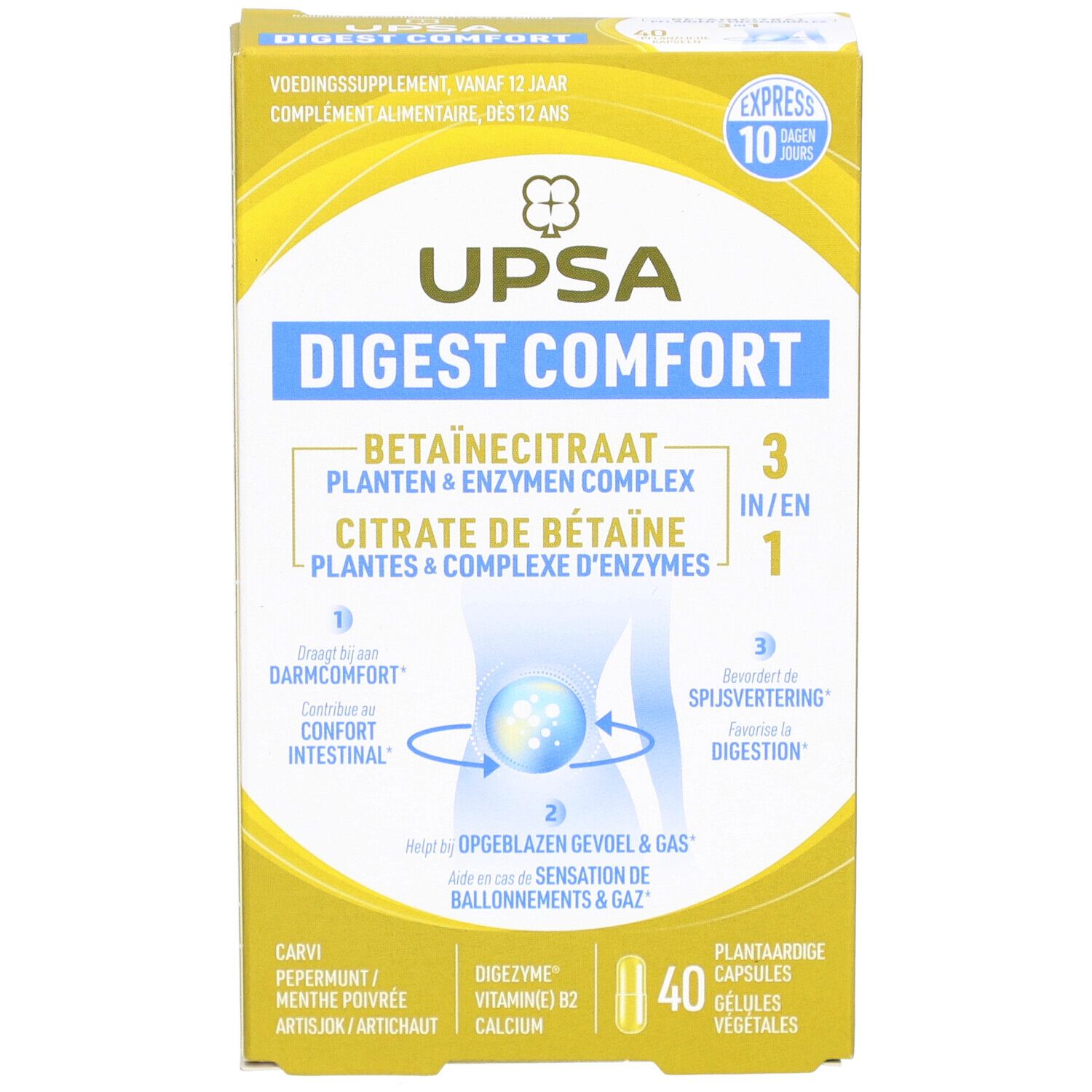 UPSA Digest Comfort-Verpackung. Gelbe Schachtel mit Produktnamen, Inhaltsstoffen und 40 Kapseln.