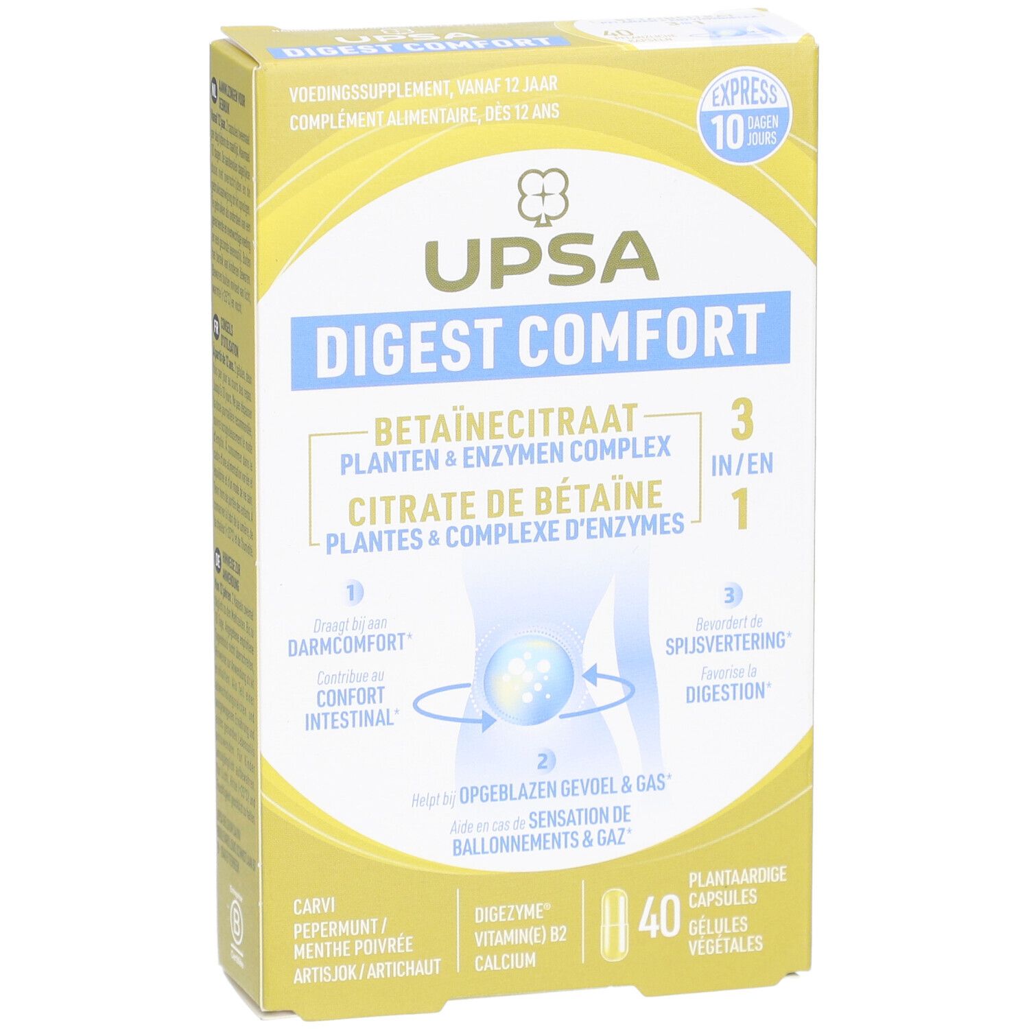 UPSA Digest Comfort-Verpackung. Gelbe Schachtel mit Produktnamen, Inhaltsstoffen und 40 Kapseln.