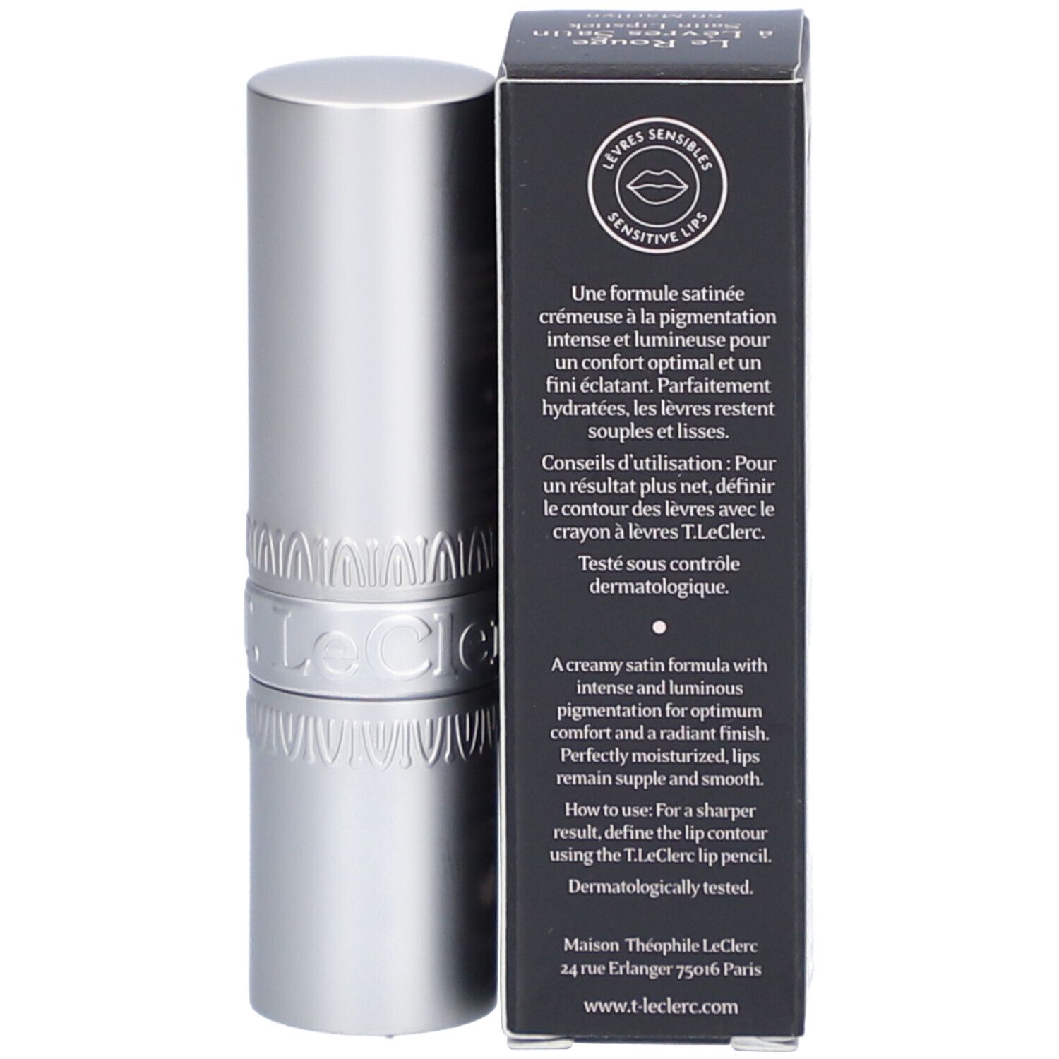 Lippenstift und Verpackung. Schwarze Schachtel mit Produktinformationen. Silberfarbener Lippenstift. Marke: T. LeClerc.