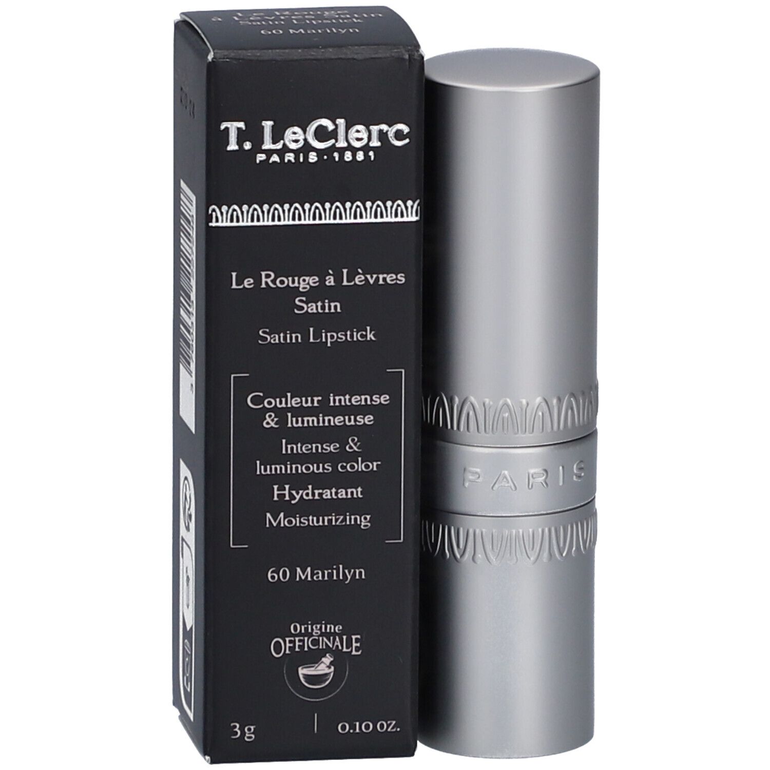 Lippenstift und Verpackung. Schwarze Schachtel mit Produktinformationen. Silberfarbener Lippenstift. Marke: T. LeClerc.