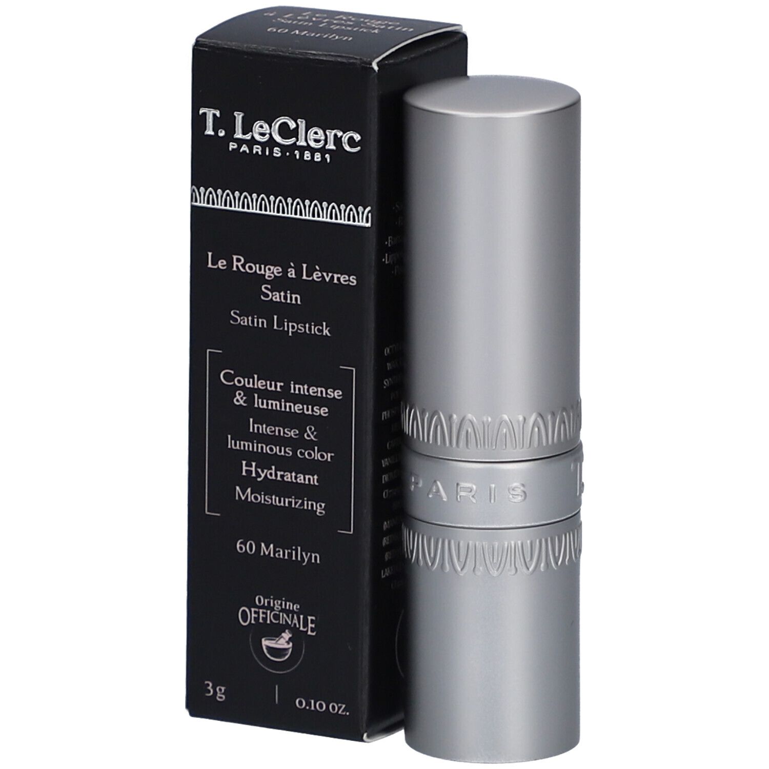 Lippenstift und Verpackung. Schwarze Schachtel mit Produktinformationen. Silberfarbener Lippenstift. Marke: T. LeClerc.