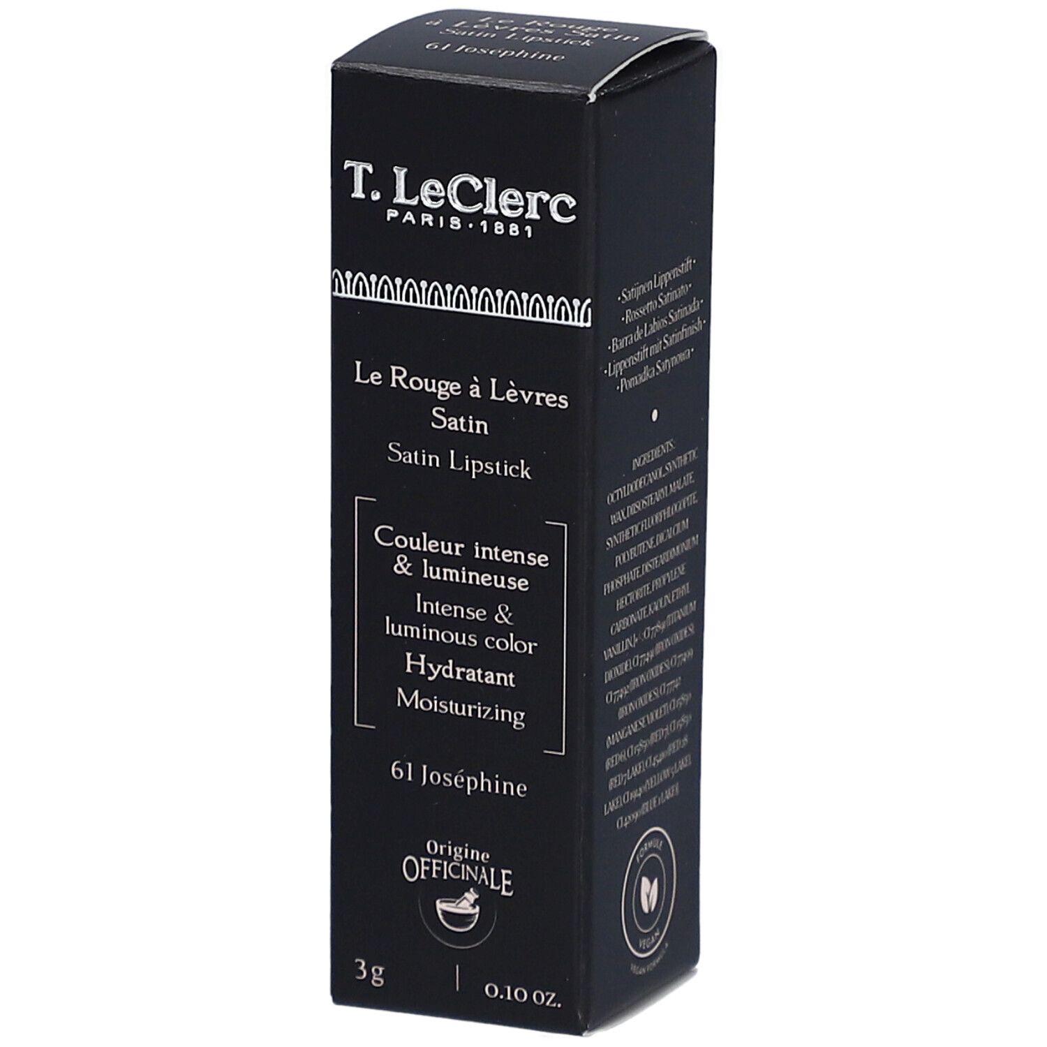 Schwarze Verpackung von T.LeClerc Lippenstift. Text: Le Rouge à Lèvres Satin, 61 Joséphine. 3g, 0.10 oz.