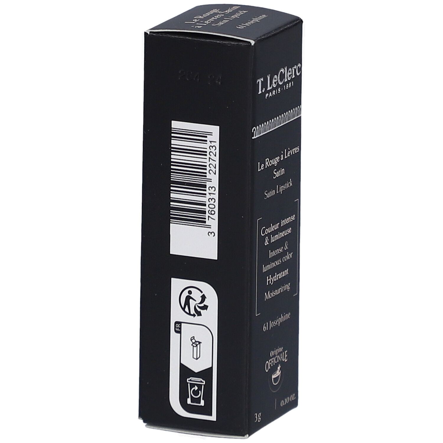 Schwarze Verpackung von T.LeClerc Lippenstift. Barcode und Recycling-Symbole. Text: Le Rouge à Lèvres Satin, 61 Joséphine.