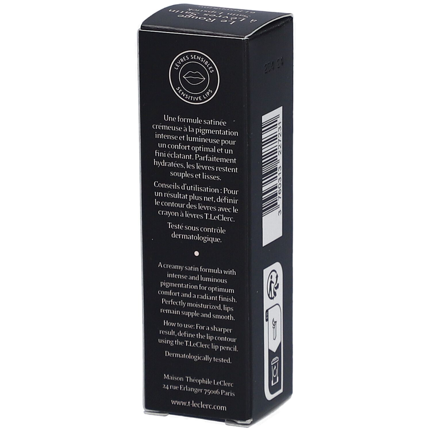 Schwarze Verpackung von T.LeClerc Lippenstift. Text: Le Rouge à Lèvres Satin, 61 Joséphine. Dermatologisch getestet.
