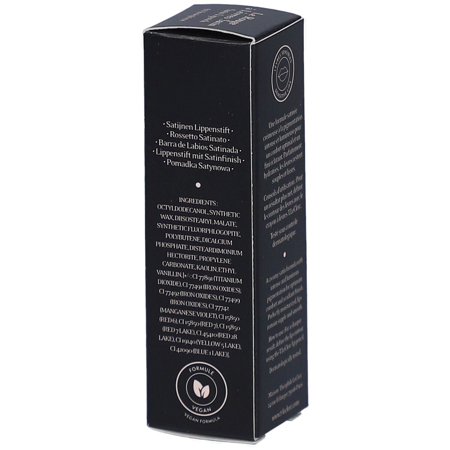 Schwarze Verpackung von T.LeClerc Lippenstift. Inhaltsstoffe und Vegan-Logo. Text: Le Rouge à Lèvres Satin, 61 Joséphine.