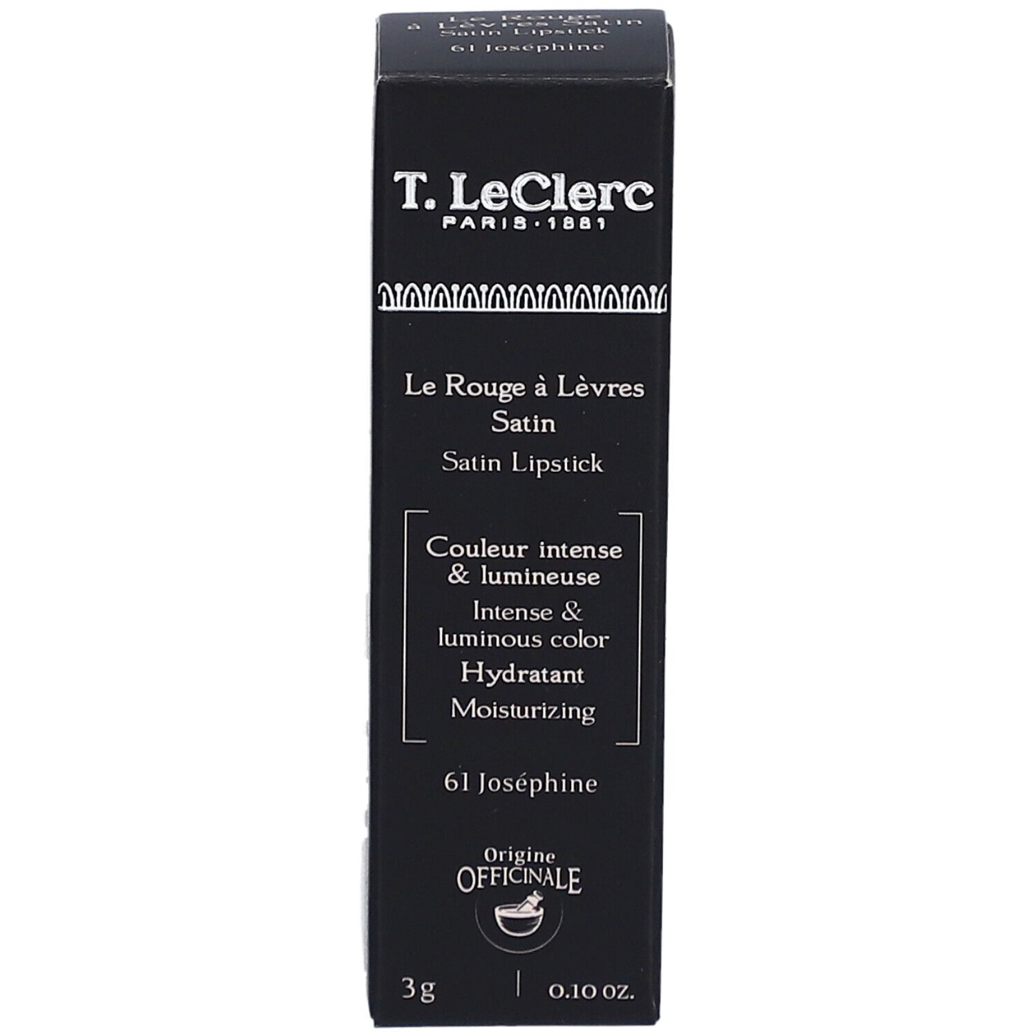 Schwarze Verpackung von T.LeClerc Lippenstift. Text: Le Rouge à Lèvres Satin, 61 Joséphine. 3g, 0.10 oz.