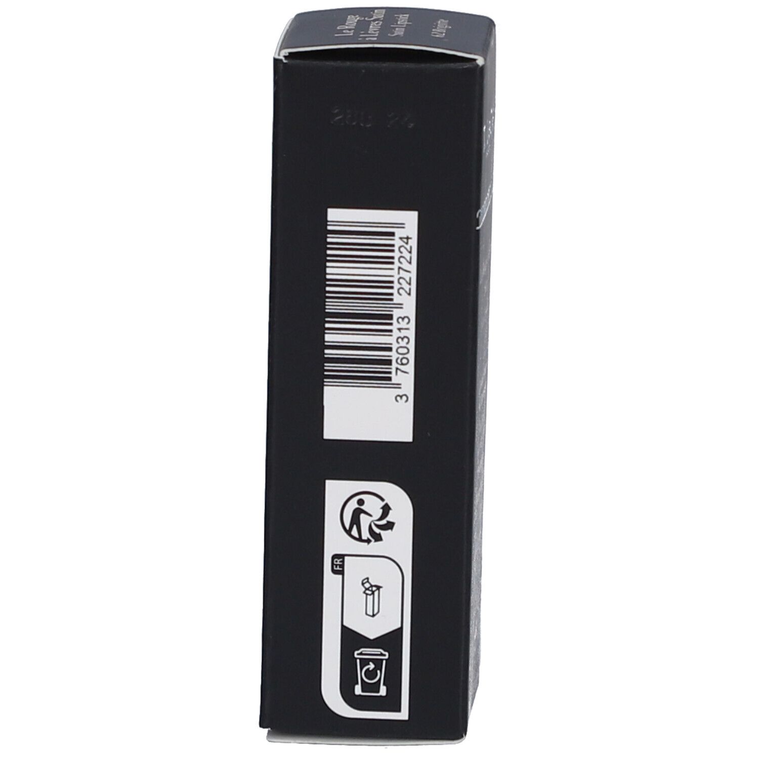 Schwarze Verpackung. Barcode und Recycling-Symbol. Text: T. LeClerc Paris.