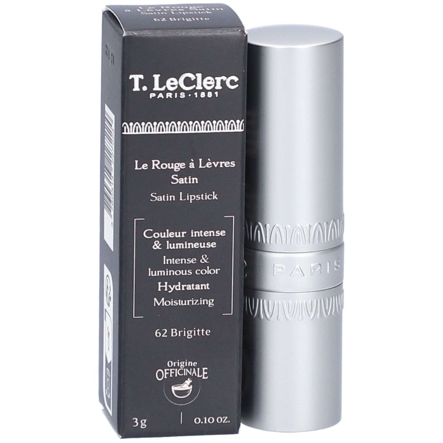 Lippenstift und Verpackung. Schwarze Schachtel mit Text: T. LeClerc, Le Rouge à Lèvres Satin, 62 Brigitte. Silberner Lippenstift.