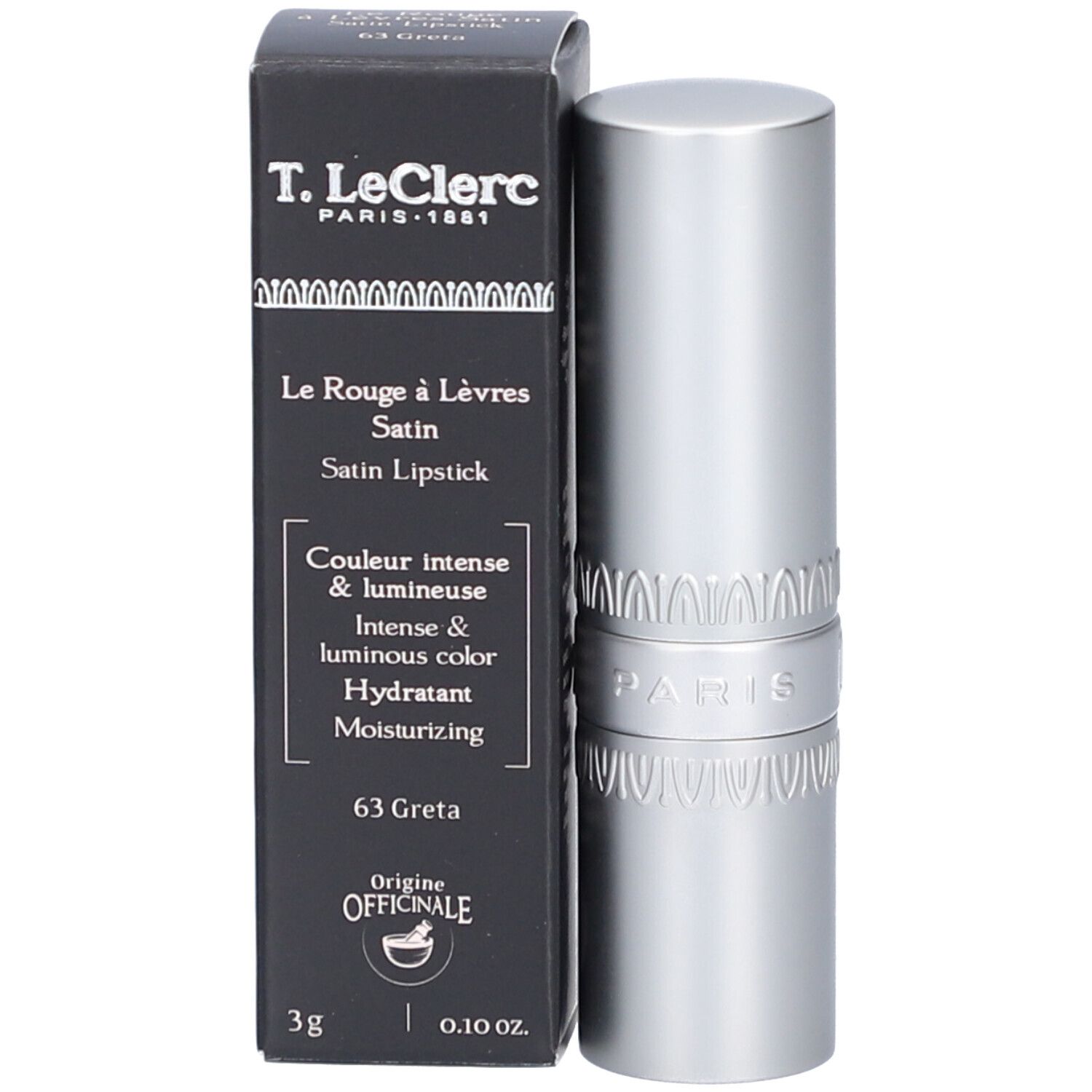 Lippenstift und Verpackung. Silberfarbener Lippenstift, schwarze Schachtel mit Produktinformationen. Marke: T. LeClerc.