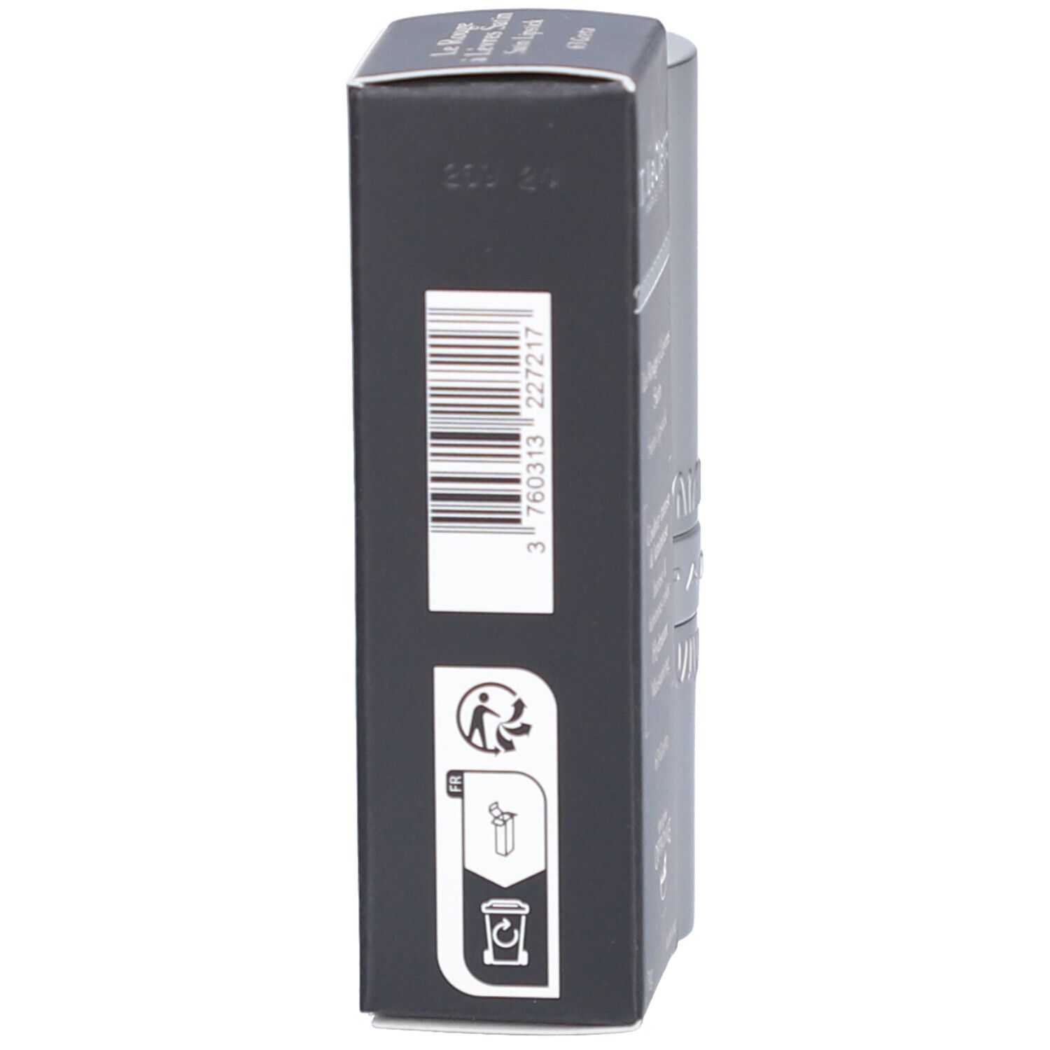 Schwarze Schachtel. Barcode, Recycling-Symbol. Marke: T. LeClerc.