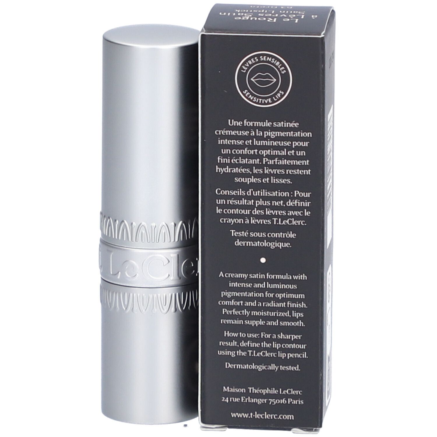 Lippenstift und Verpackung. Silberfarbener Lippenstift, schwarze Schachtel mit Text. Marke: T. LeClerc.