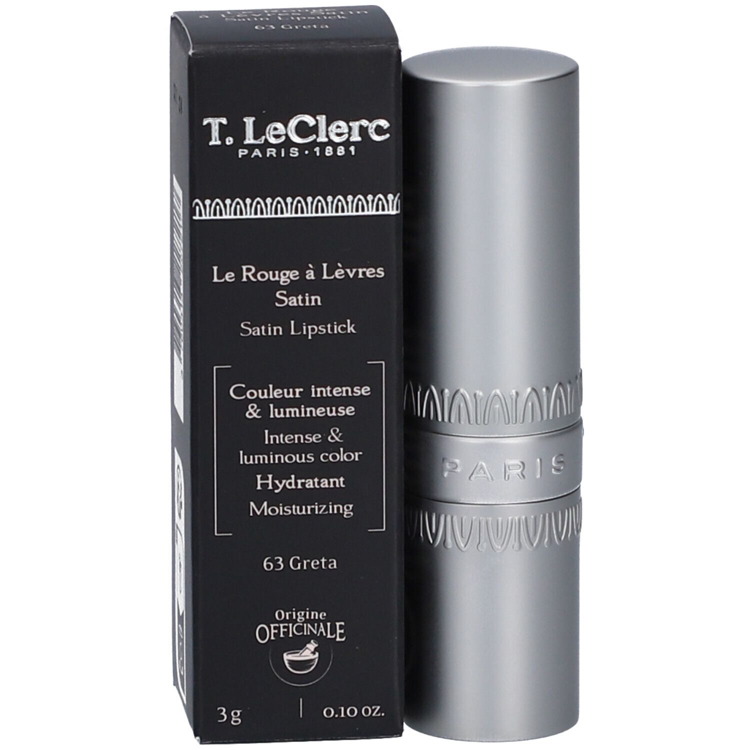 Lippenstift und Verpackung. Silberfarbener Lippenstift, schwarze Schachtel mit Text. Marke: T. LeClerc.