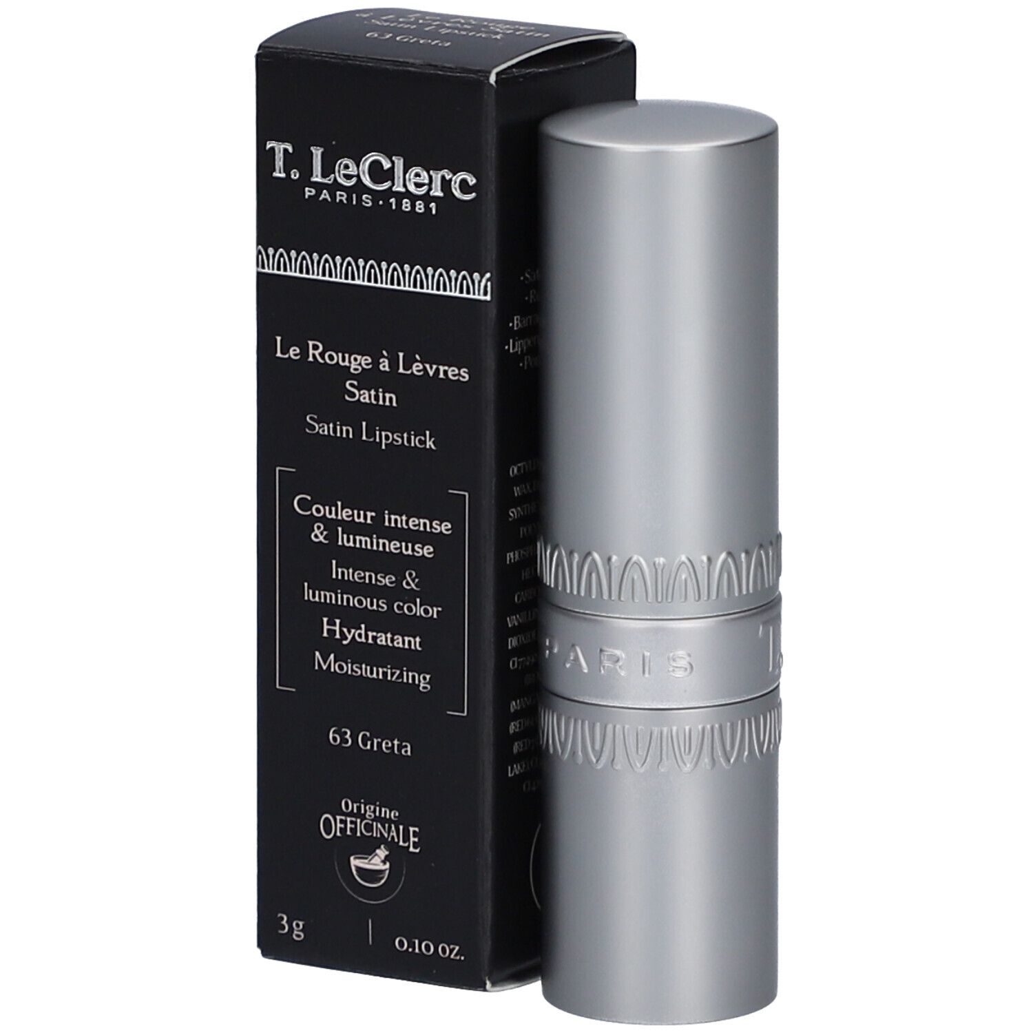 Lippenstift und Verpackung. Silberfarbener Lippenstift, schwarze Schachtel mit Text. Marke: T. LeClerc.