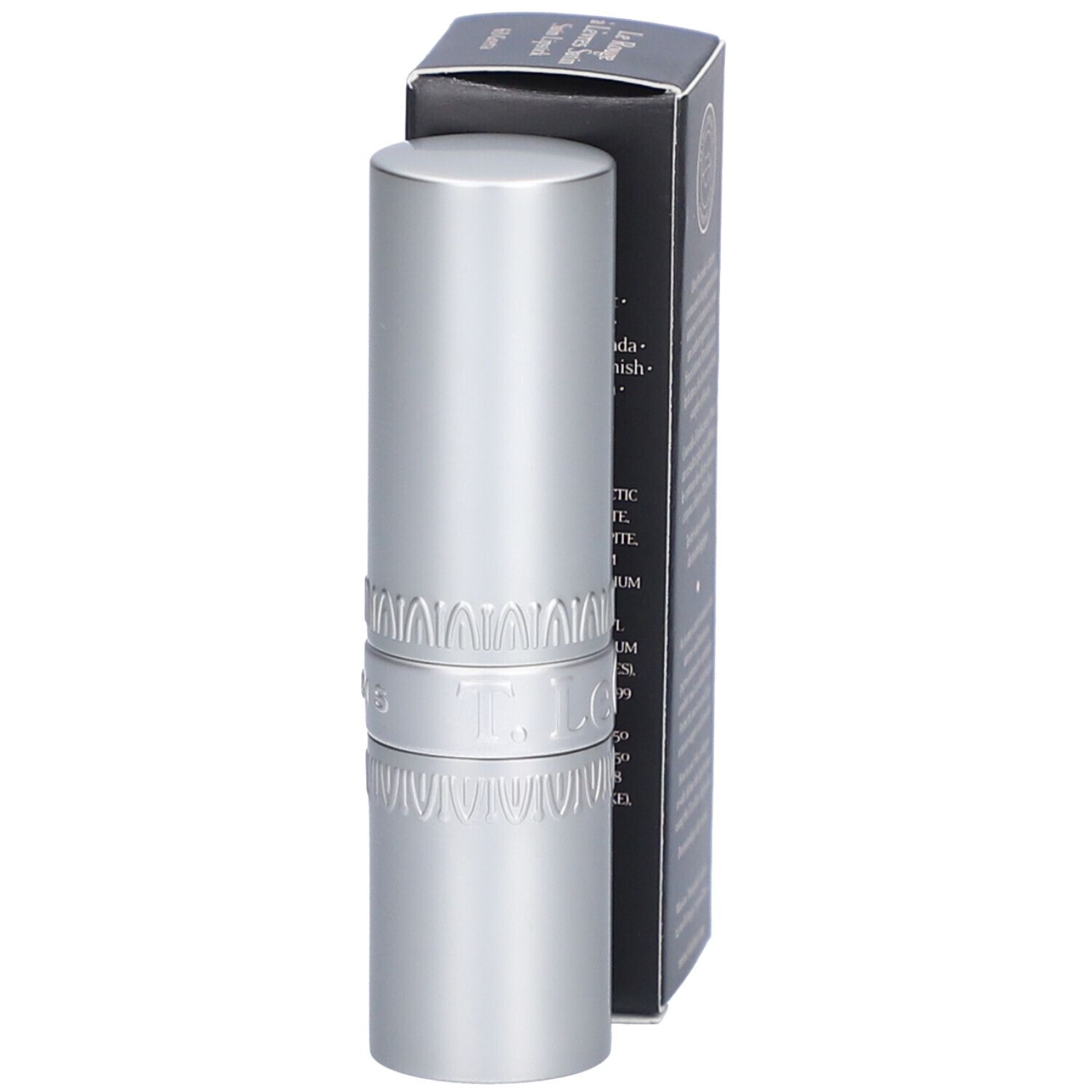 Lippenstift und Verpackung. Silberfarbener Lippenstift, schwarze Schachtel mit Text. Marke: T. LeClerc.