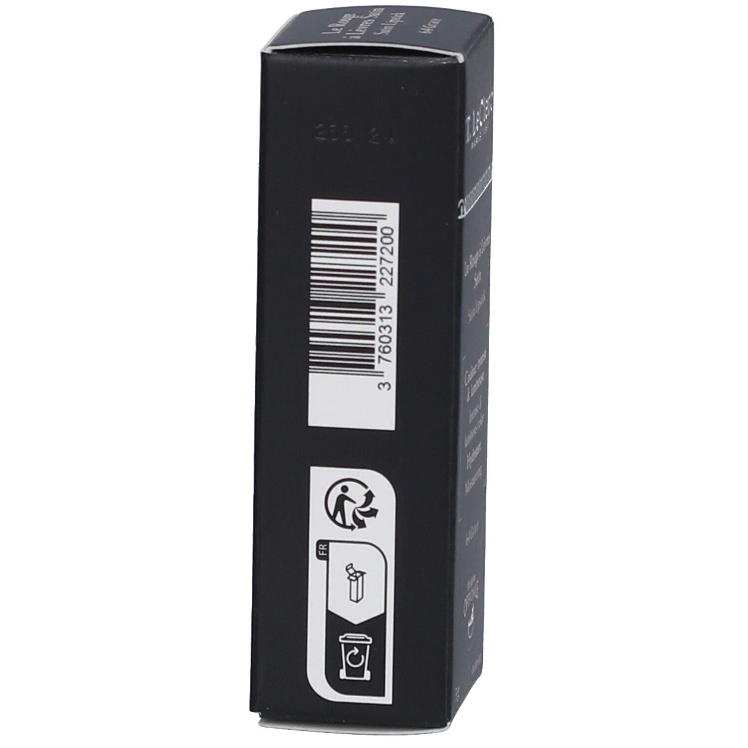 Schwarze Verpackung. Barcode und Recycling-Symbole. Marke: T. LeClerc.