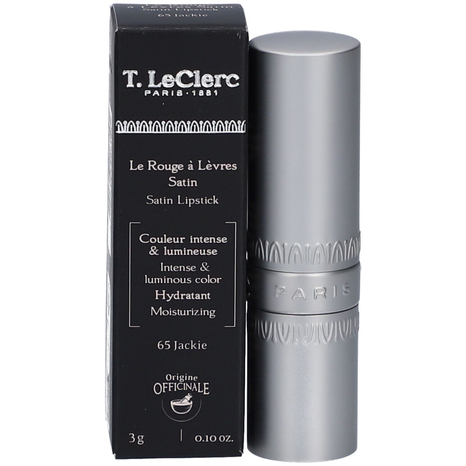 Lippenstift und Schachtel. Schwarze Schachtel mit Produktinformationen. Silberner Lippenstift.