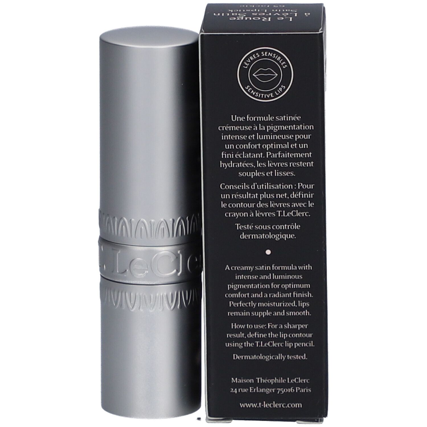 Lippenstift und Schachtel. Schwarze Schachtel mit Text. Silberner Lippenstift.