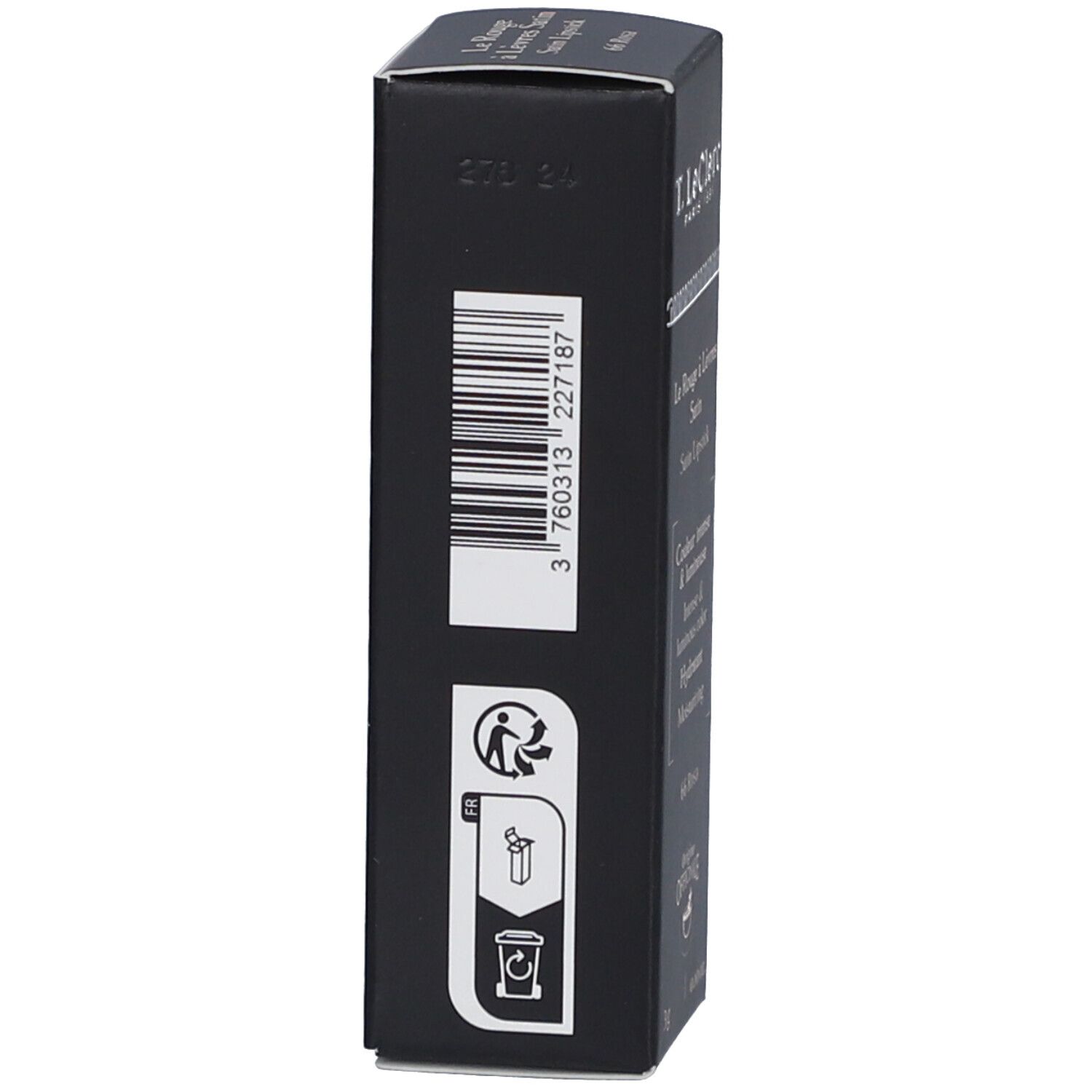 Schwarze Schachtel mit Barcode, Recycling-Symbolen und Produktinformationen. Marke: T. LeClerc.