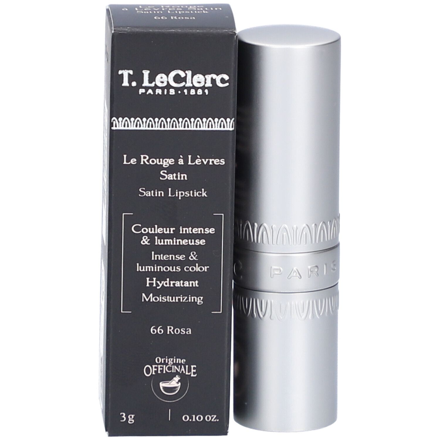 Lippenstift und Schachtel. Lippenstift silberfarben, Schachtel schwarz mit Produktinformationen. Marke: T. LeClerc.