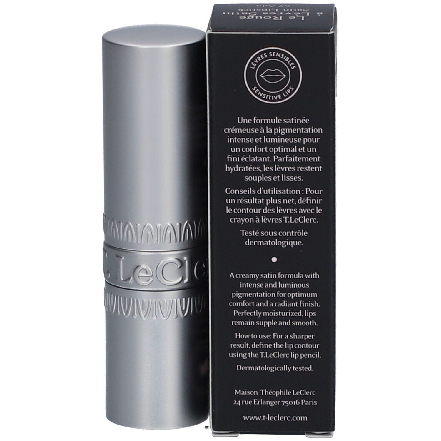 T.LeClerc Lippenstift und Verpackung. Text: Le Rouge à Lèvres Satin, für sensible Lippen. Dermatologisch getestet.
