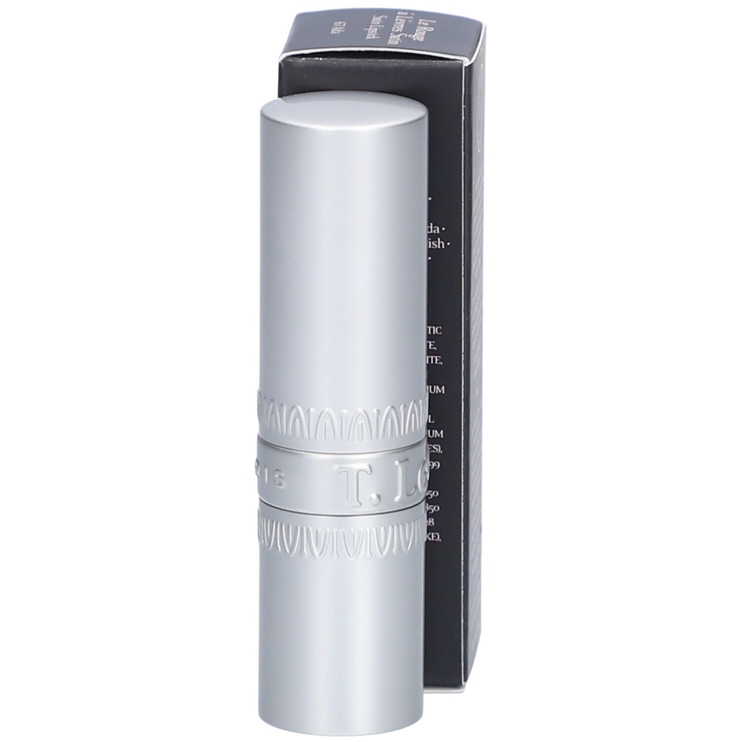 T.LeClerc Lippenstift und Verpackung. Silberner Lippenstift. Text: Le Rouge à Lèvres Satin.