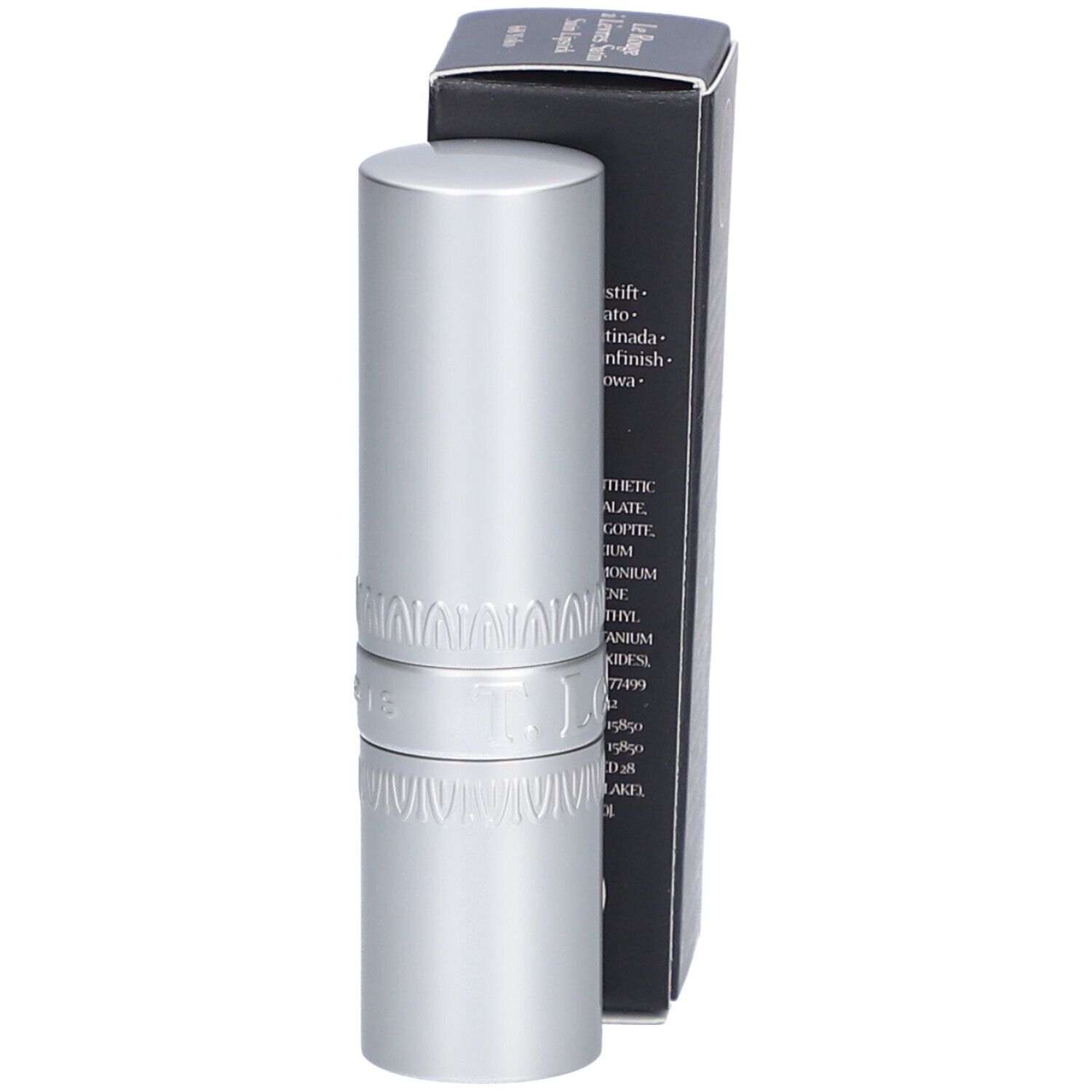 Lippenstift und Schachtel. Silberfarbener Lippenstift mit schwarzer Schachtel. Auf der Schachtel steht Text über das Produkt.