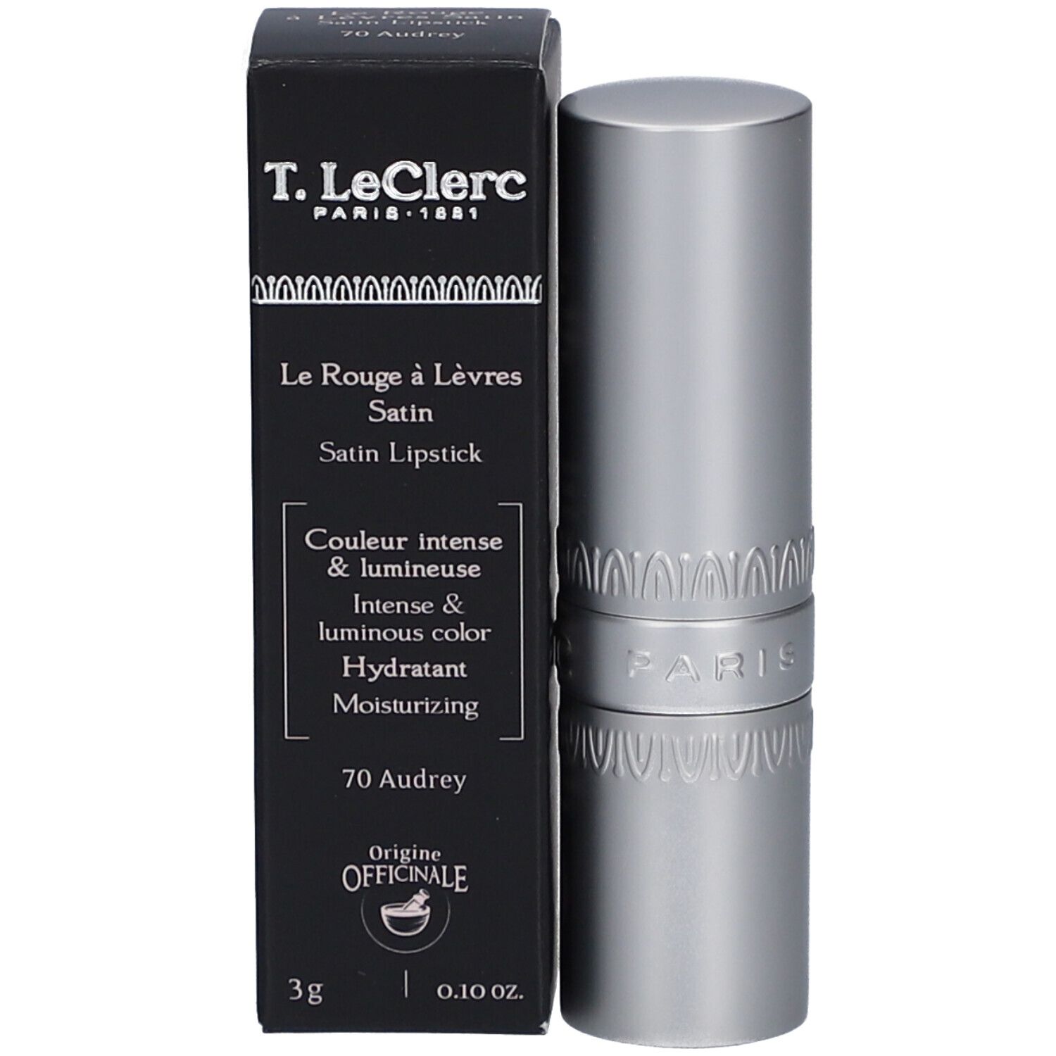 T.LeClerc Lippenstift Satin Audrey 70. Schwarze Verpackung und silberner Lippenstift. Text: Le Rouge à Lèvres Satin.