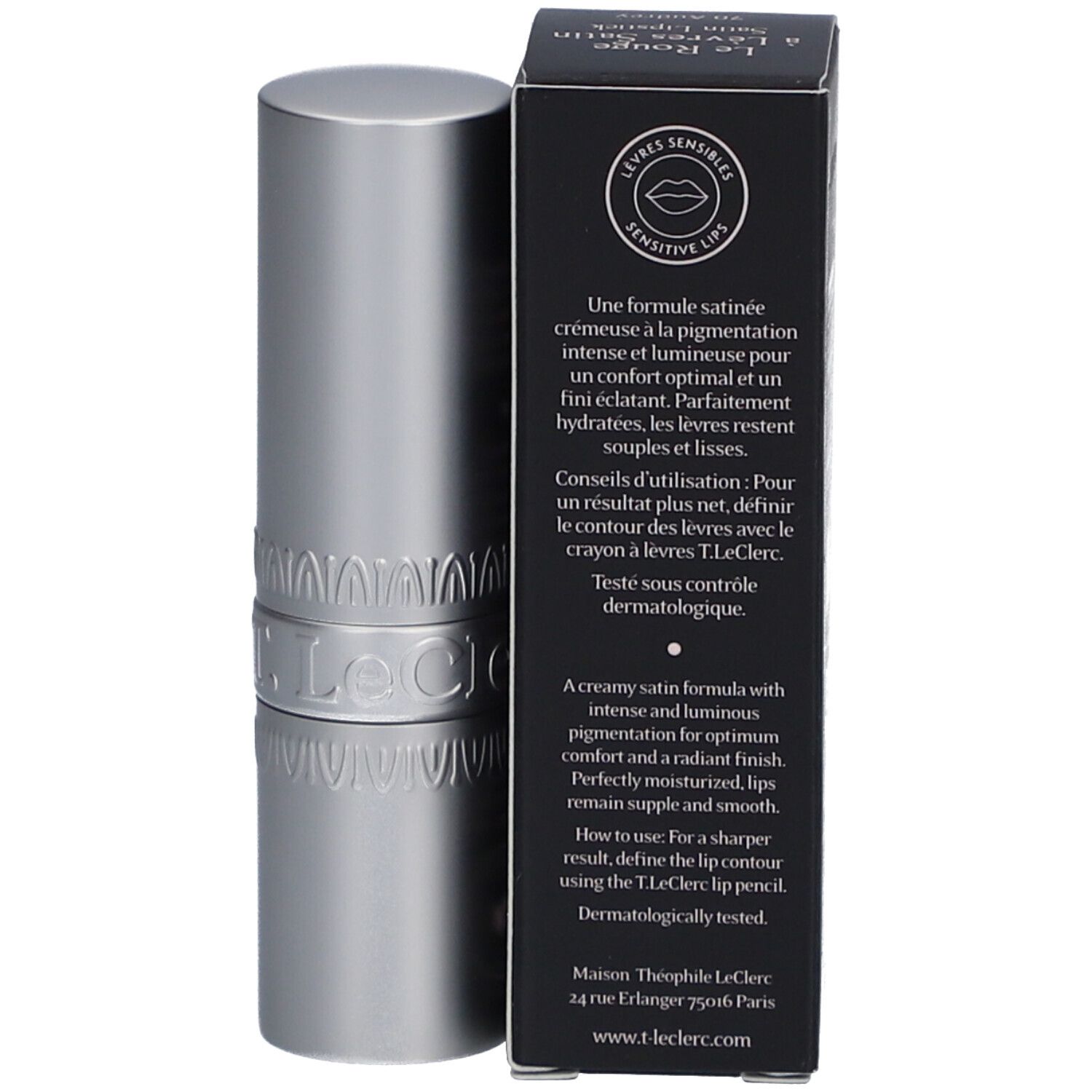 T.LeClerc Lippenstift Satin Audrey 70. Schwarze Verpackung und silberner Lippenstift. Text: Le Rouge à Lèvres Satin.