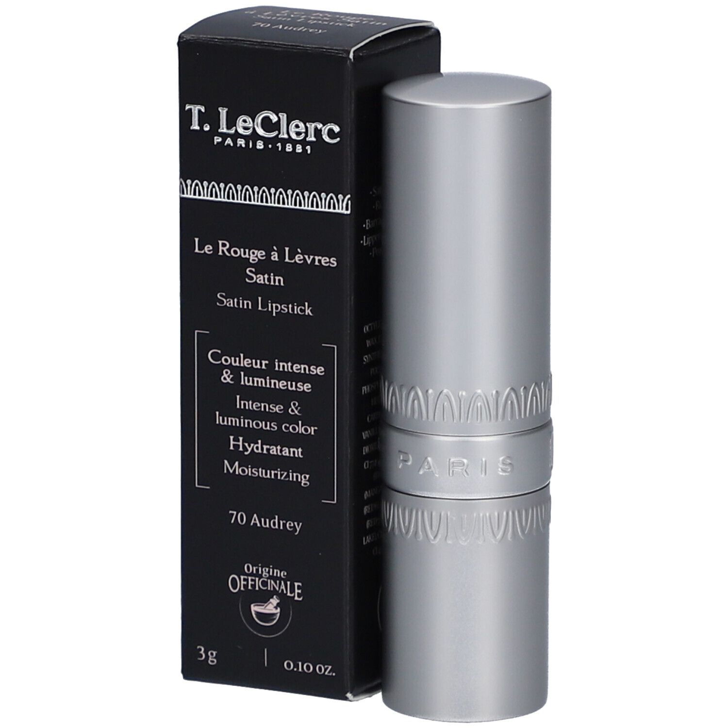 T.LeClerc Lippenstift Satin Audrey 70. Schwarze Verpackung und silberner Lippenstift. Text: Le Rouge à Lèvres Satin.